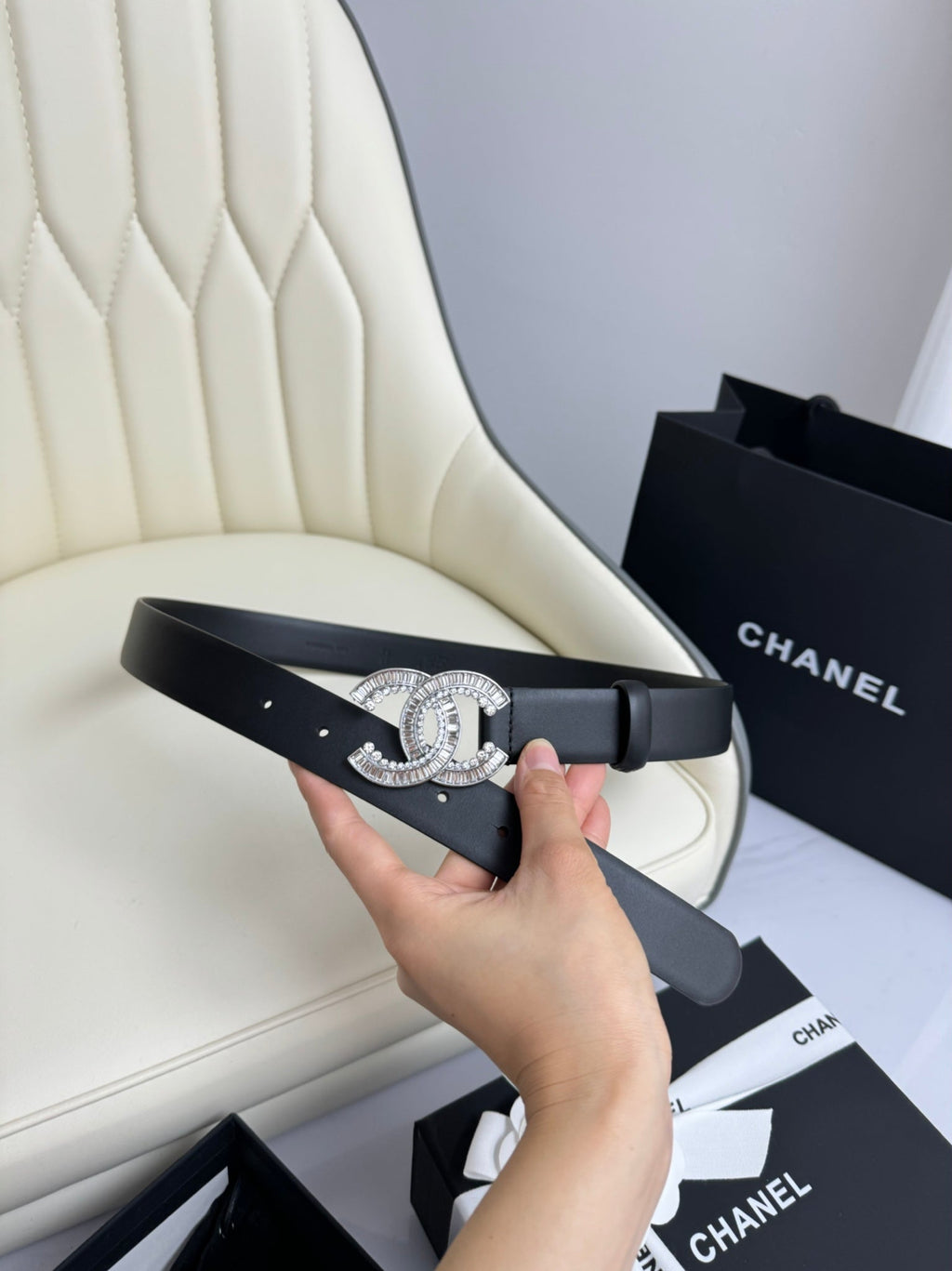 CHANEL BELT 30MM IN BLACK SMOOTH CALFSKIN SILVER HARDWARE ATTACH RHINSTONE