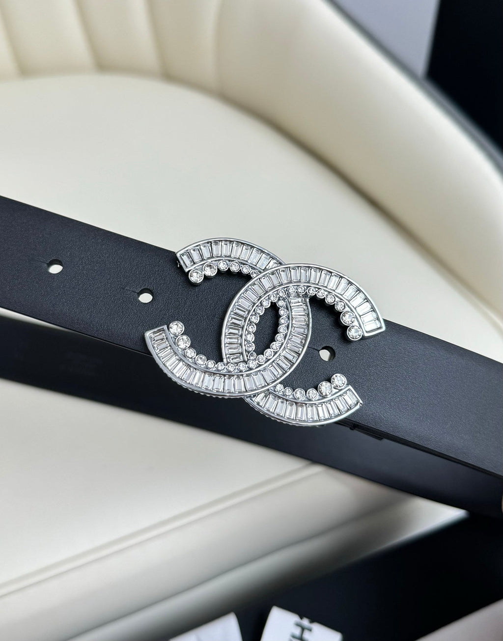 CHANEL BELT 30MM IN BLACK SMOOTH CALFSKIN SILVER HARDWARE ATTACH RHINSTONE