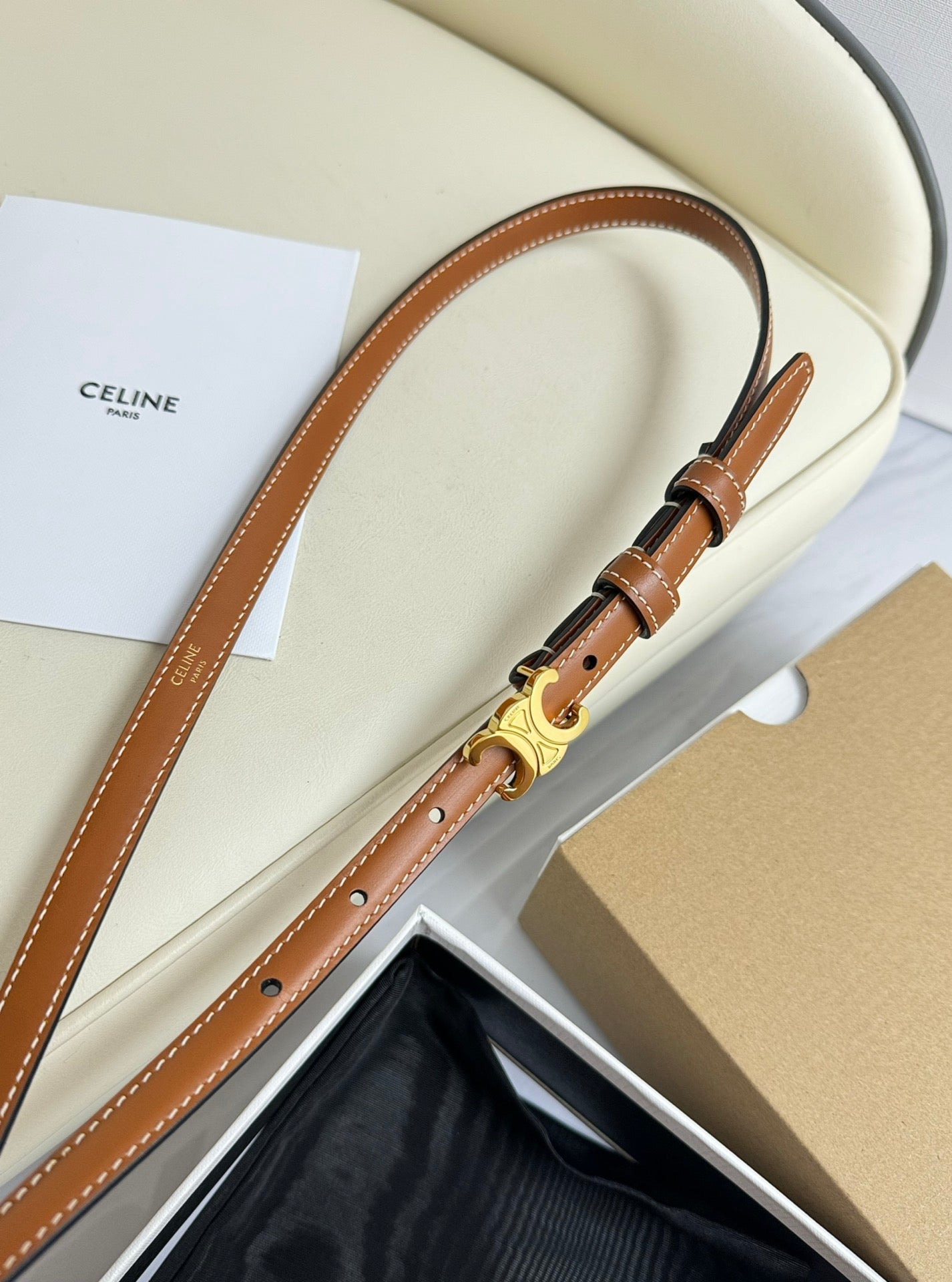 CELINE MINI TRIOMPHE BELT 13 MM BRONZE BROWN LEATHER GOLD HARDWARE