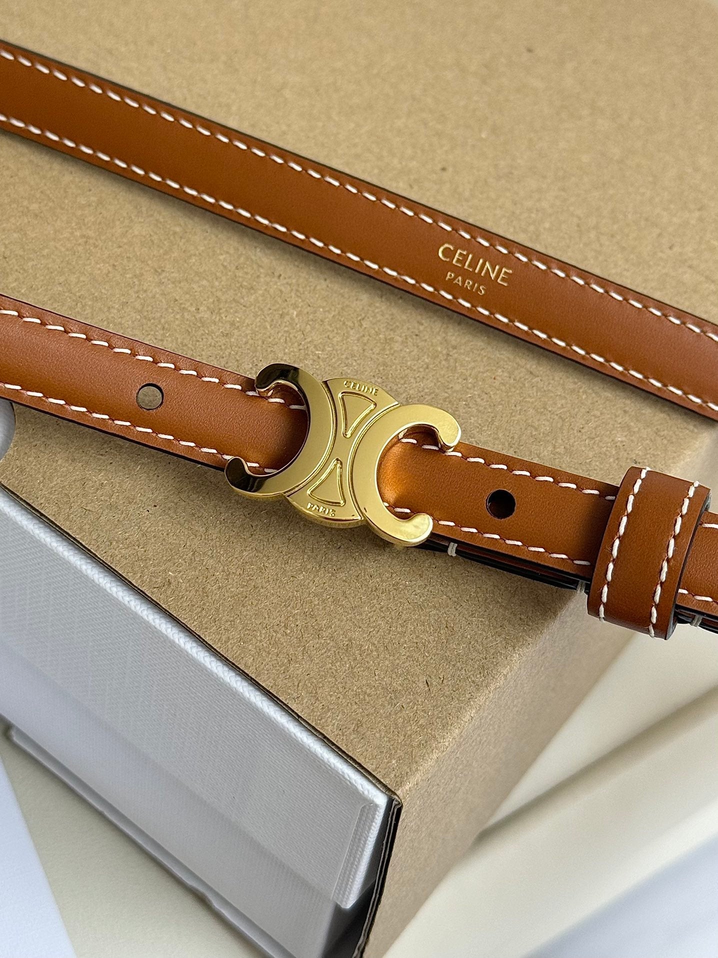 CELINE MINI TRIOMPHE BELT 13 MM BRONZE BROWN LEATHER GOLD HARDWARE