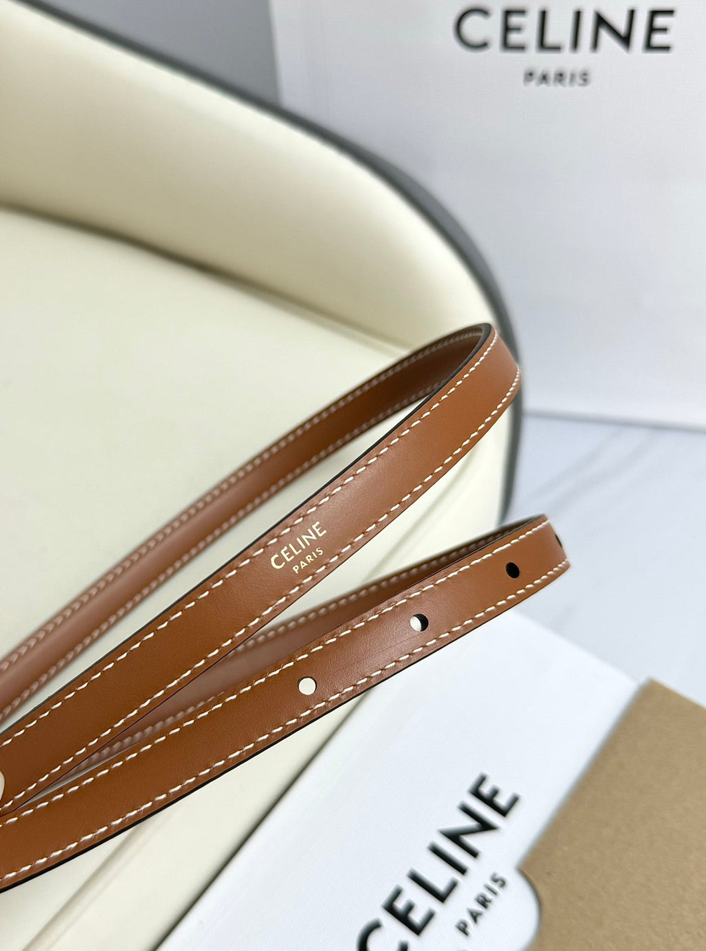 CELINE MINI TRIOMPHE BELT 13 MM BRONZE BROWN LEATHER GOLD HARDWARE
