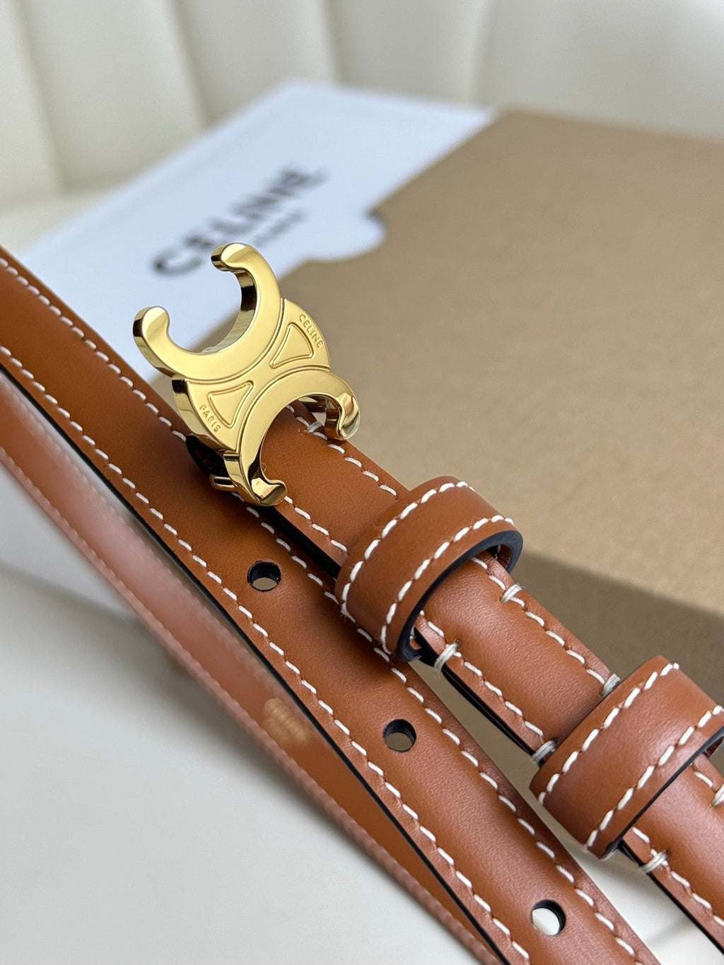 CELINE MINI TRIOMPHE BELT 13 MM BRONZE BROWN LEATHER GOLD HARDWARE