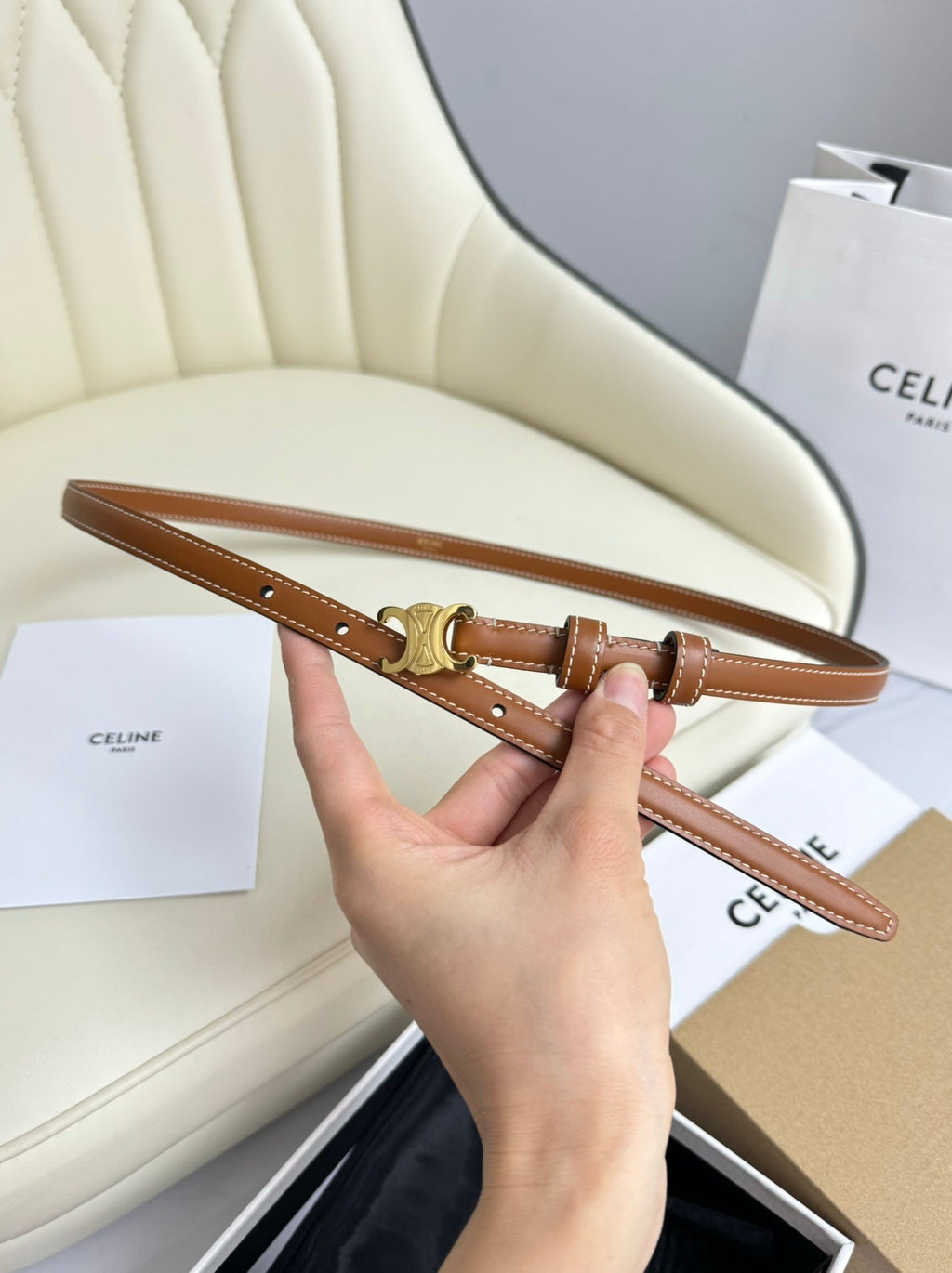 CELINE MINI TRIOMPHE BELT 13 MM BRONZE BROWN LEATHER GOLD HARDWARE