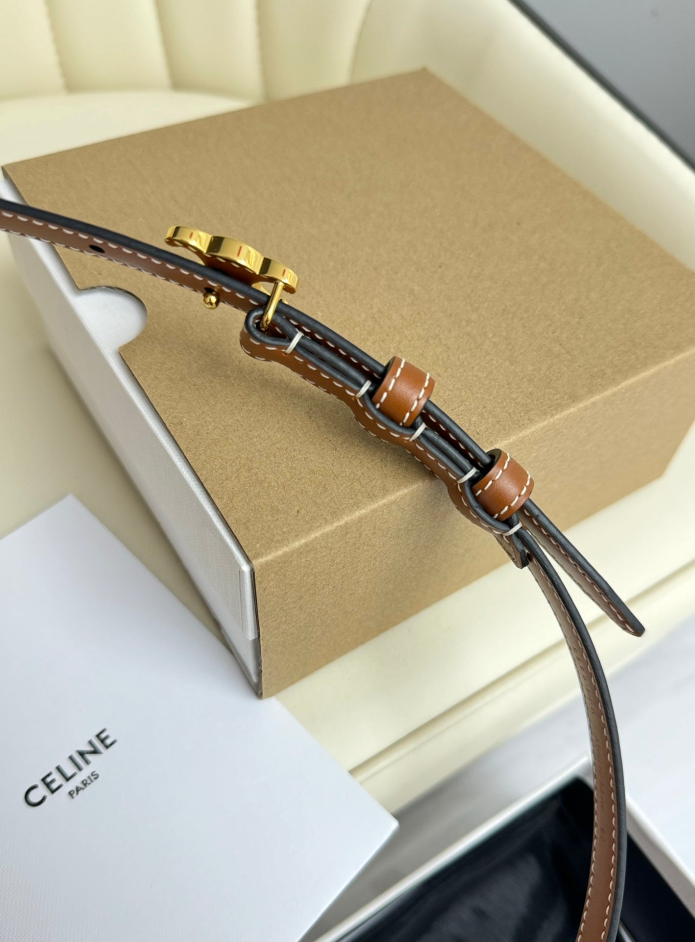CELINE MINI TRIOMPHE BELT 13 MM BRONZE BROWN LEATHER GOLD HARDWARE