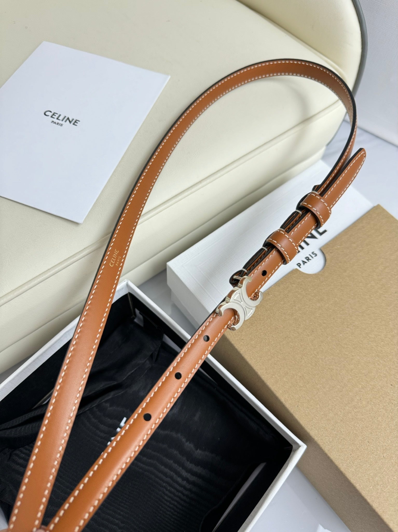 CELINE MINI TRIOMPHE BELT 13 MM BRONZE BROWN LEATHER SILVER HARDWARE