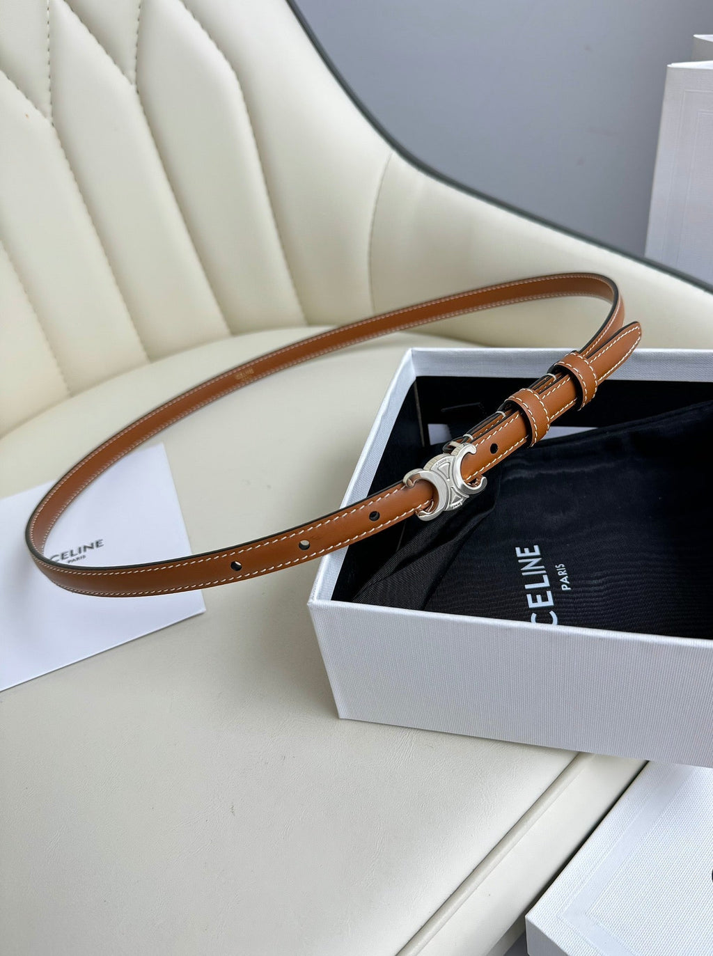 CELINE MINI TRIOMPHE BELT 13 MM BRONZE BROWN LEATHER SILVER HARDWARE