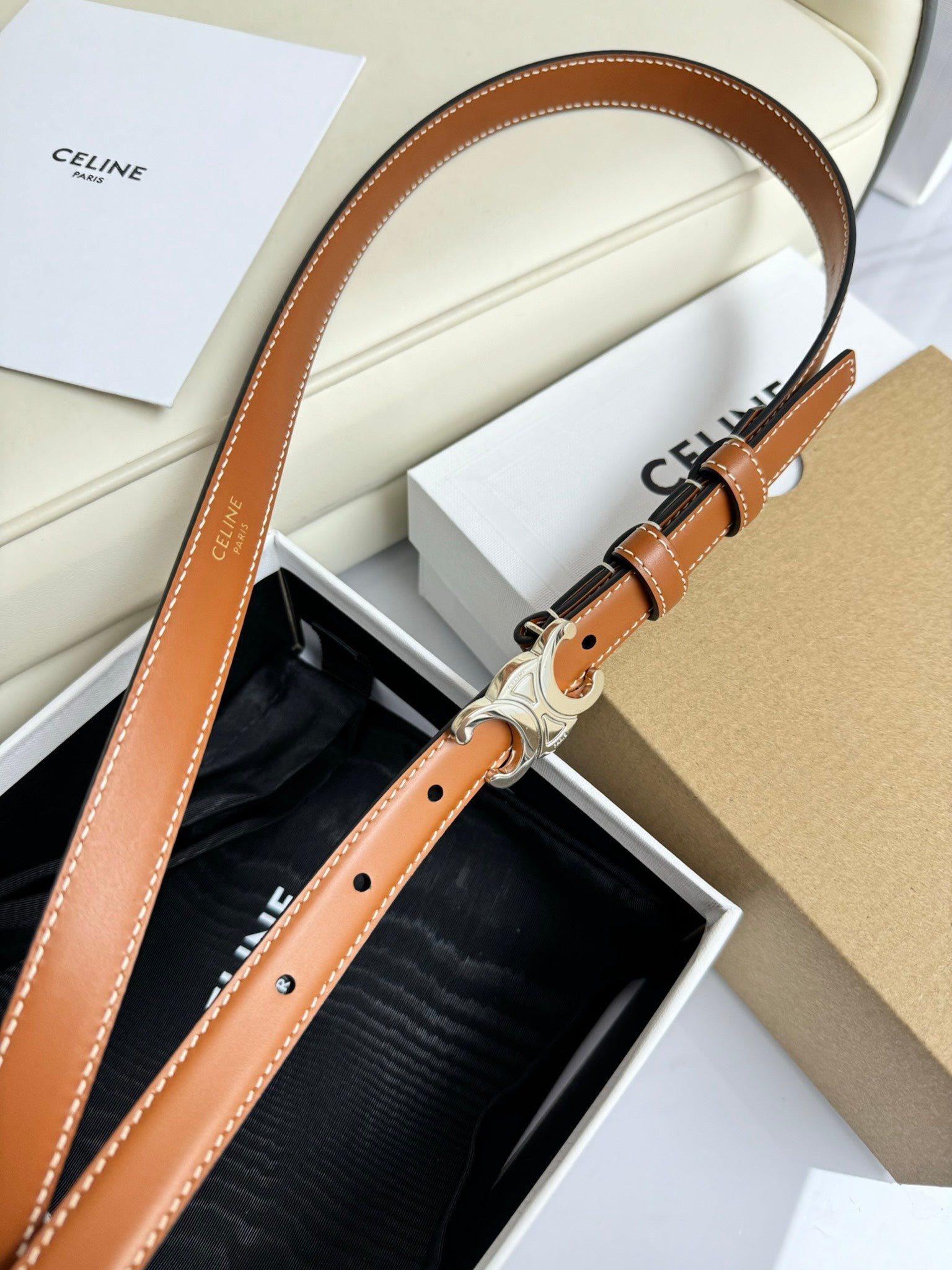 CELINE MINI TRIOMPHE BELT 13 MM BRONZE BROWN LEATHER SILVER HARDWARE