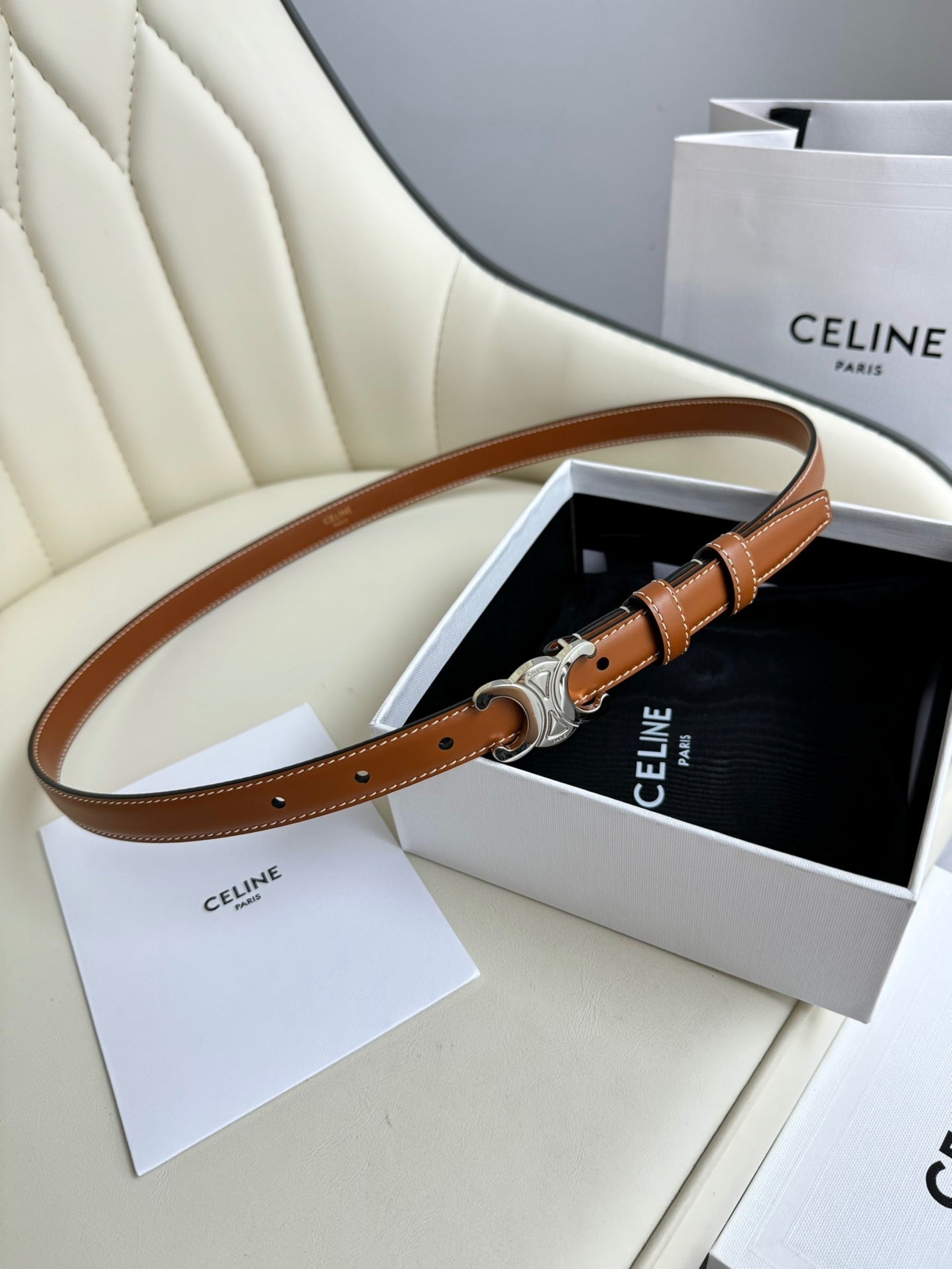CELINE MINI TRIOMPHE BELT 13 MM BRONZE BROWN LEATHER SILVER HARDWARE
