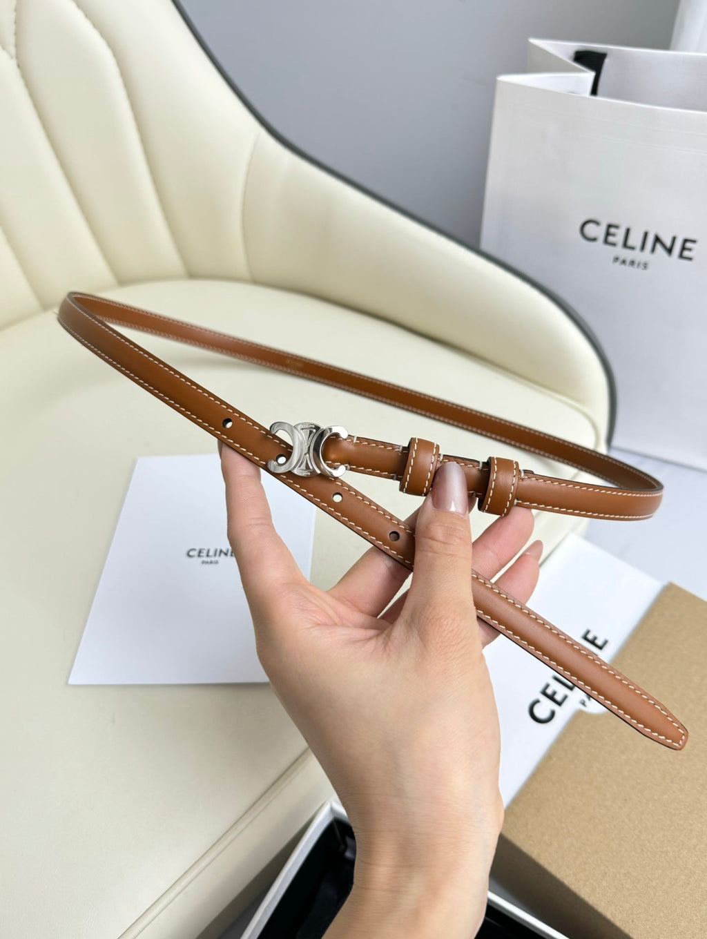 CELINE MINI TRIOMPHE BELT 13 MM BRONZE BROWN LEATHER SILVER HARDWARE