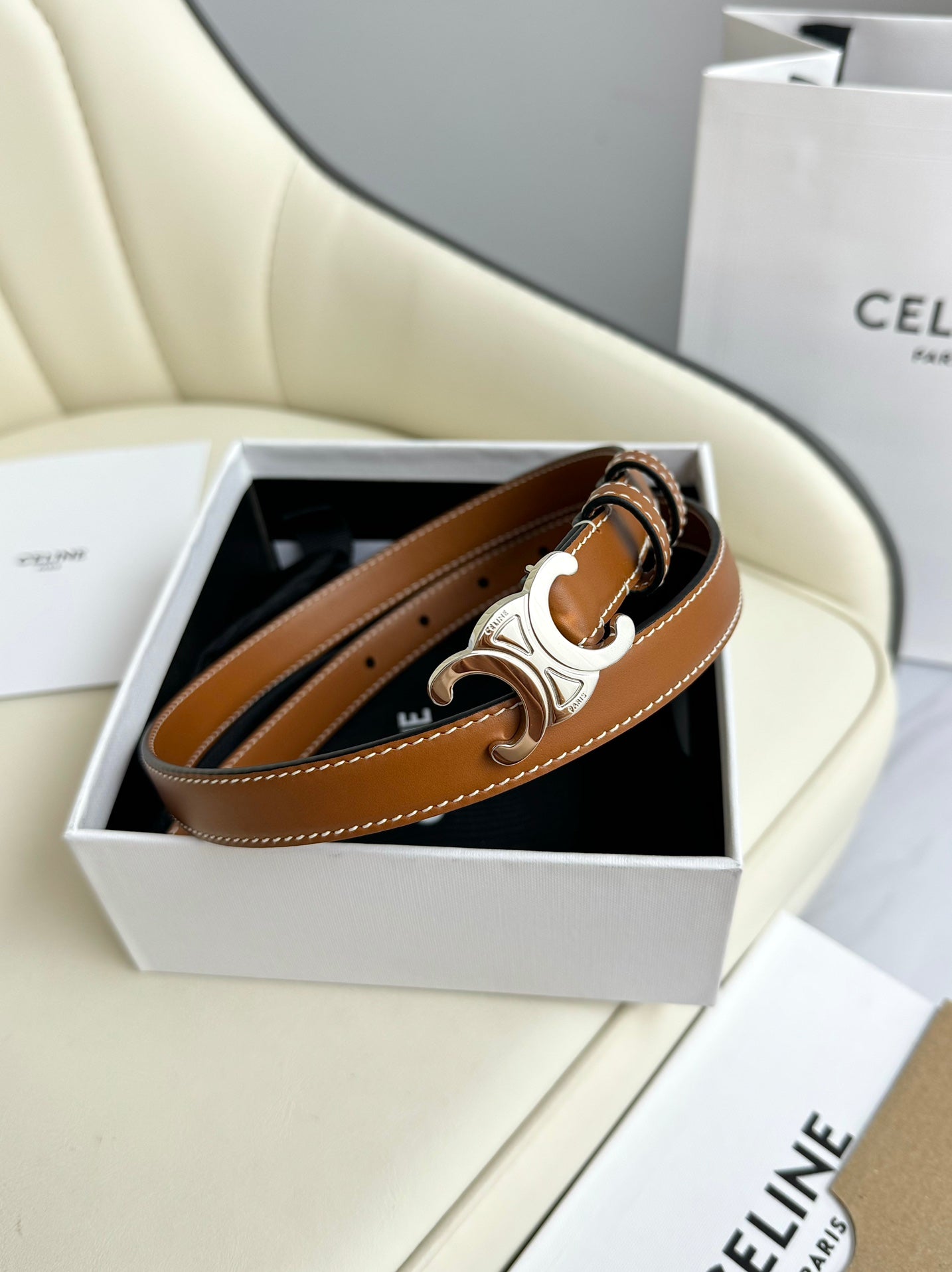 CELINE MINI TRIOMPHE BELT 13 MM BRONZE BROWN LEATHER SILVER HARDWARE