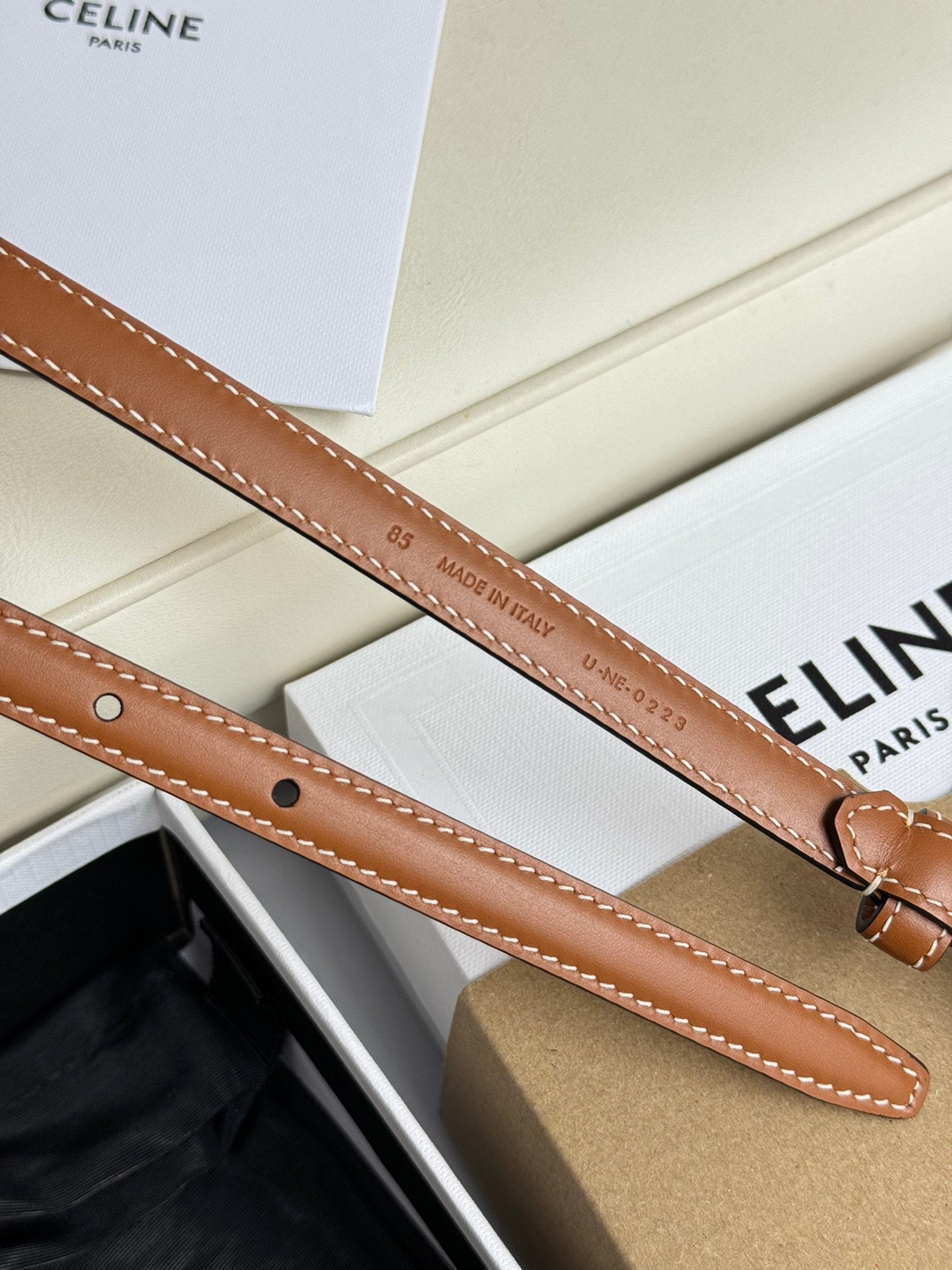 CELINE MINI TRIOMPHE BELT 13 MM BRONZE BROWN LEATHER SILVER HARDWARE