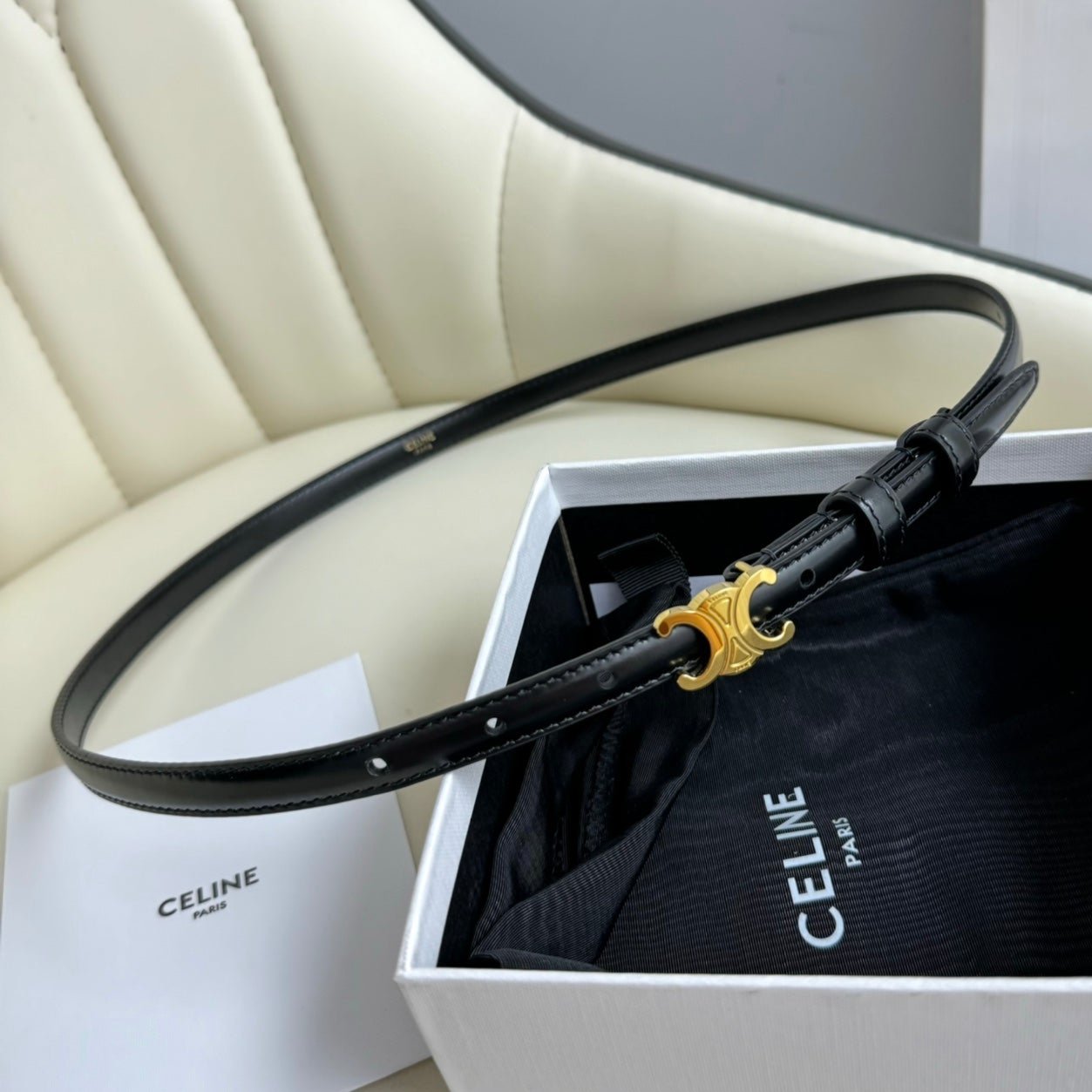 CELINE MINI TRIOMPHE BELT 13 MM BLACK LEATHER GOLD HARDWARE