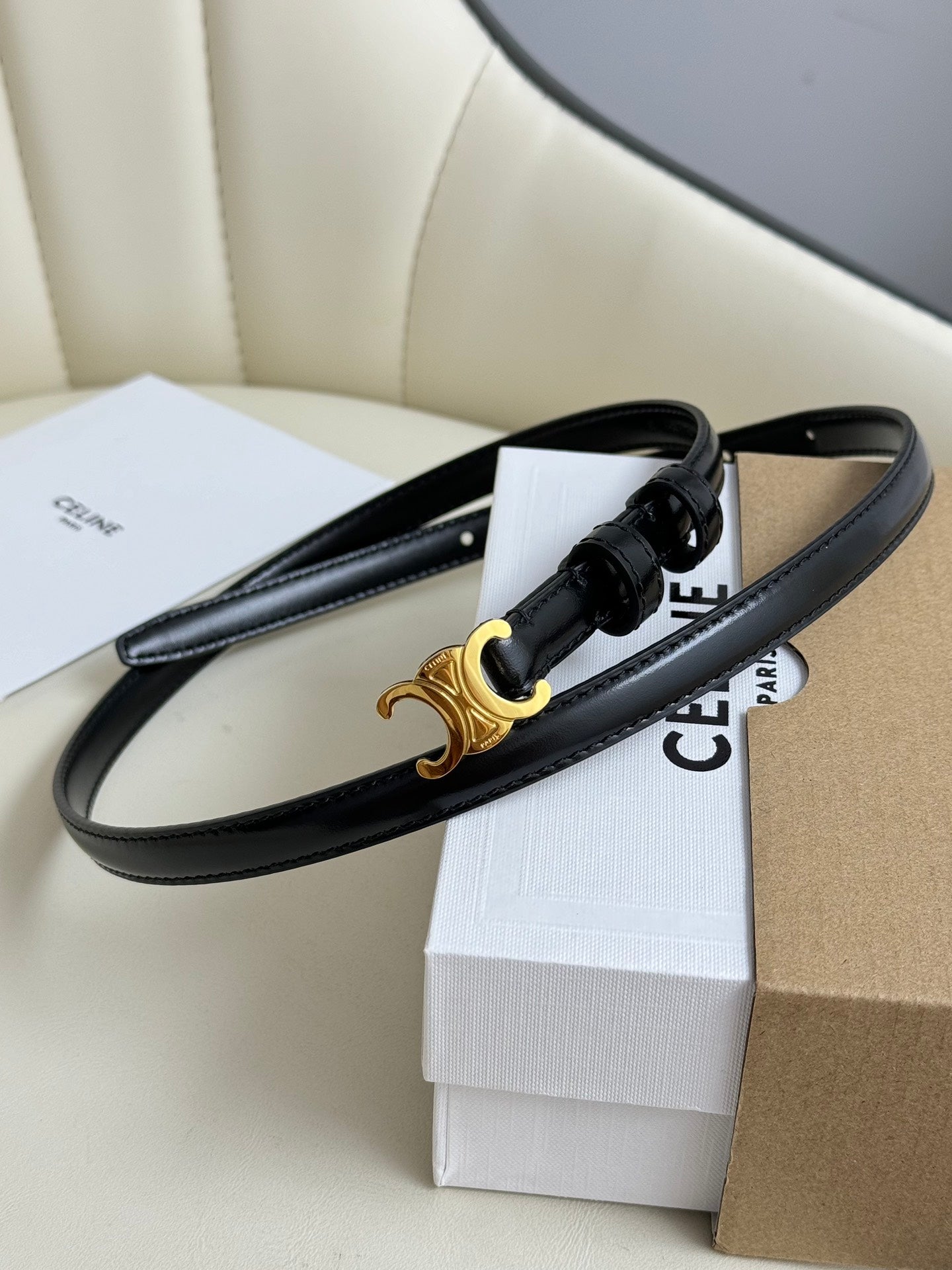 CELINE MINI TRIOMPHE BELT 13 MM BLACK LEATHER GOLD HARDWARE