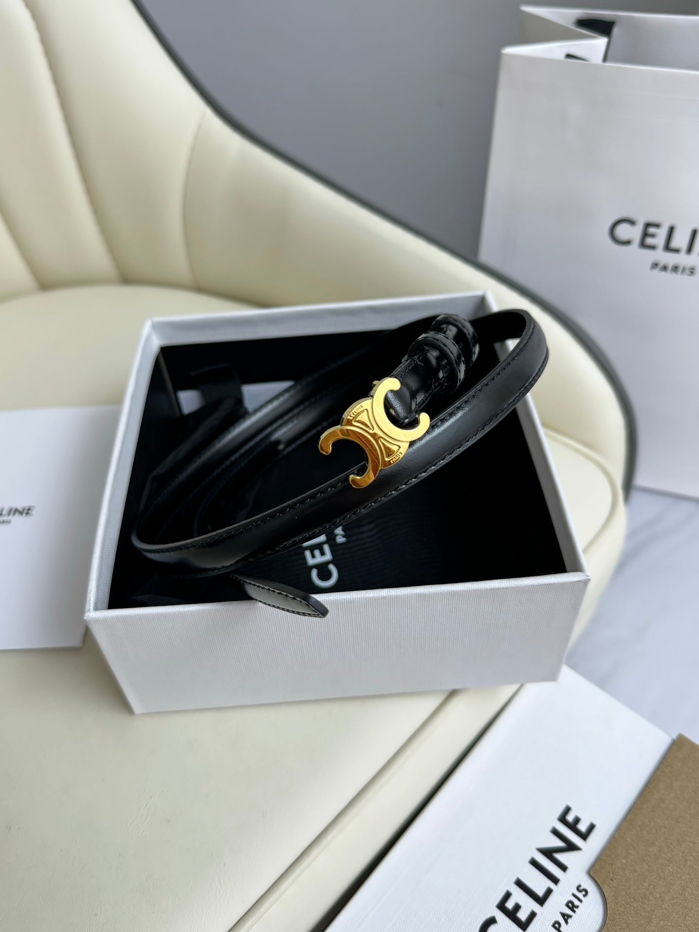 CELINE MINI TRIOMPHE BELT 13 MM BLACK LEATHER GOLD HARDWARE