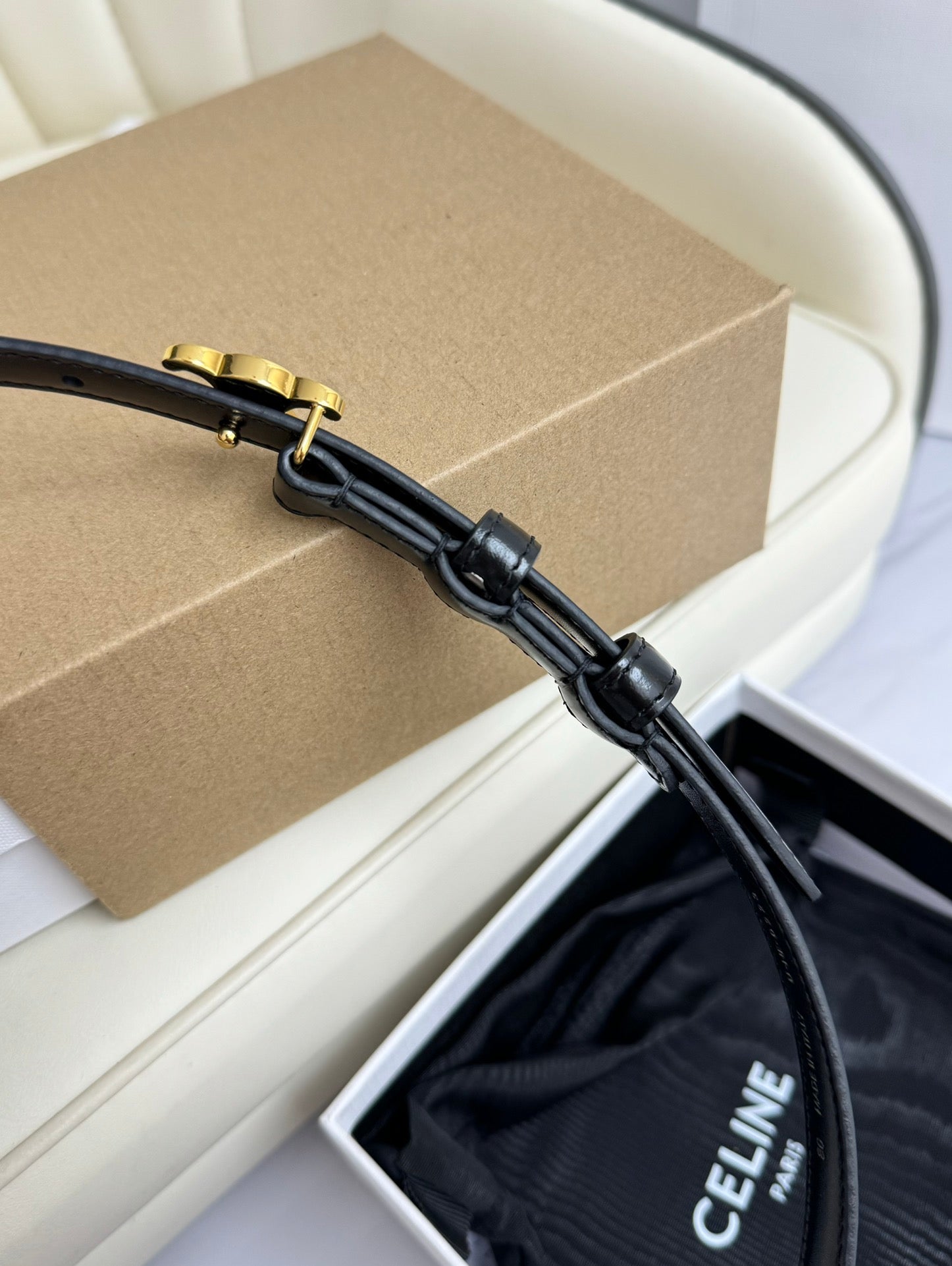 CELINE MINI TRIOMPHE BELT 13 MM BLACK LEATHER GOLD HARDWARE