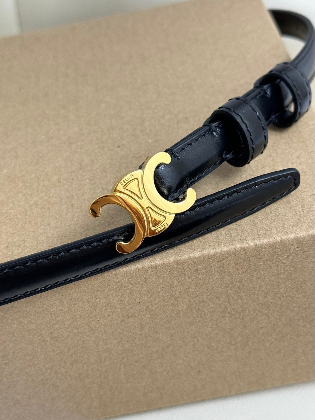 CELINE MINI TRIOMPHE BELT 13 MM BLACK LEATHER GOLD HARDWARE