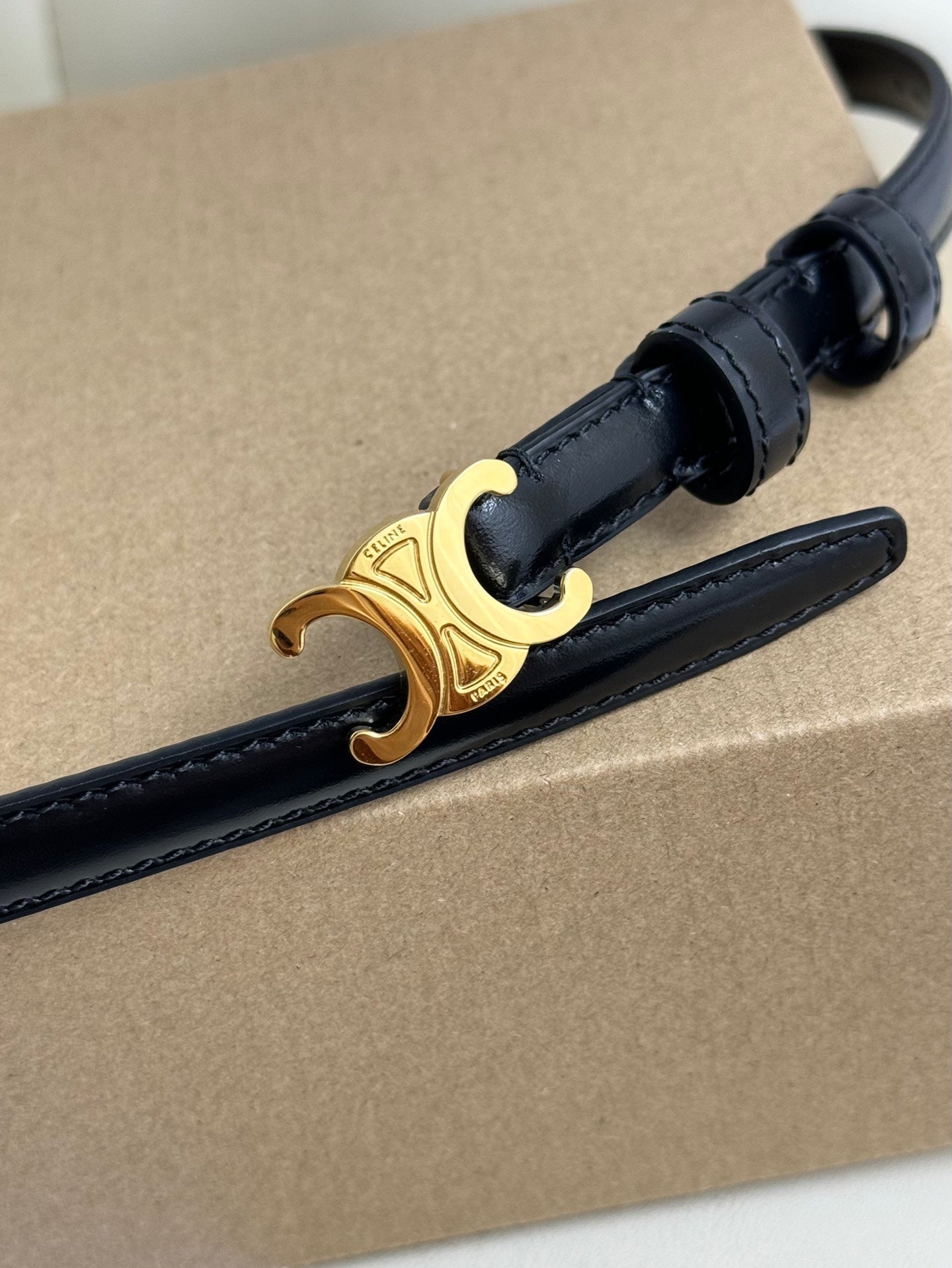 CELINE MINI TRIOMPHE BELT 13 MM BLACK LEATHER GOLD HARDWARE