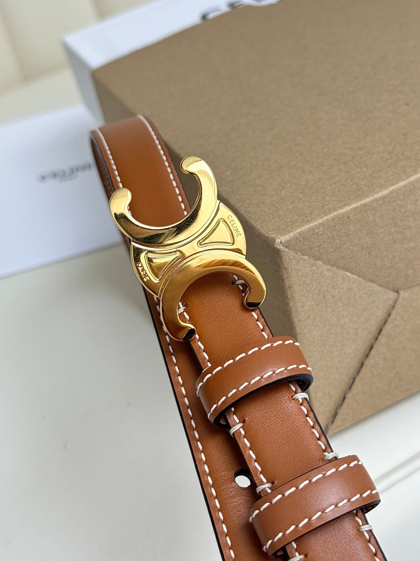 CELINE SMALL TRIOMPHE BELT 18 MM BRONZE BROWN LEATHER GOLD HARDWARE