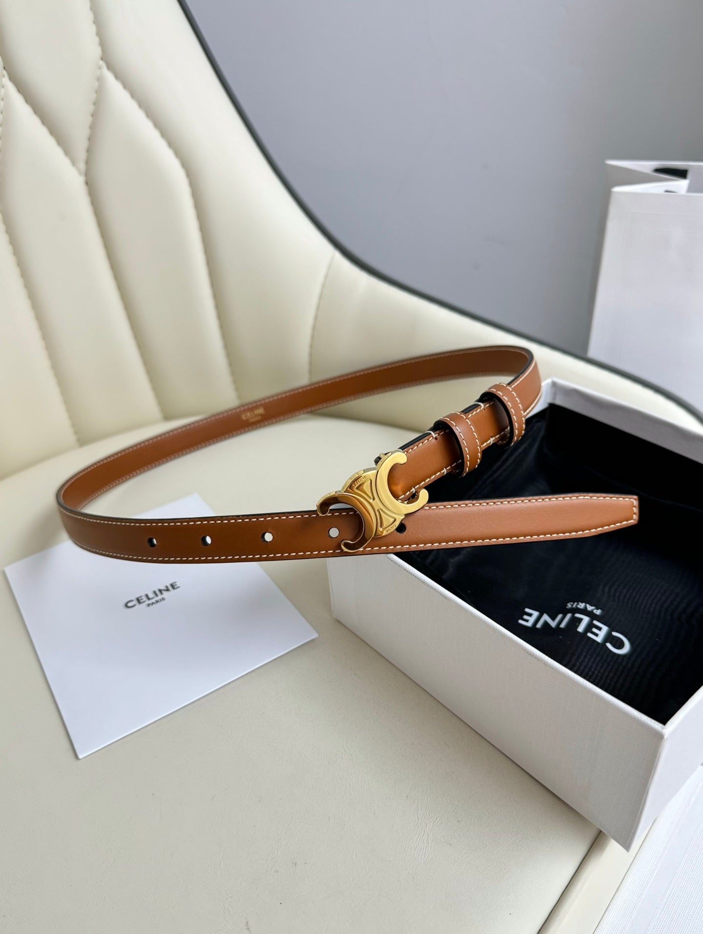 CELINE SMALL TRIOMPHE BELT 18 MM BRONZE BROWN LEATHER GOLD HARDWARE