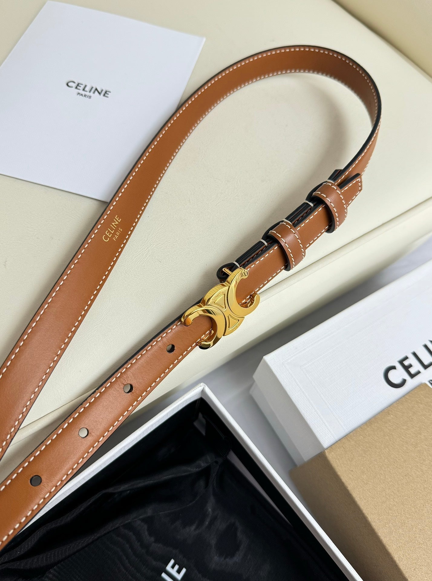 CELINE SMALL TRIOMPHE BELT 18 MM BRONZE BROWN LEATHER GOLD HARDWARE