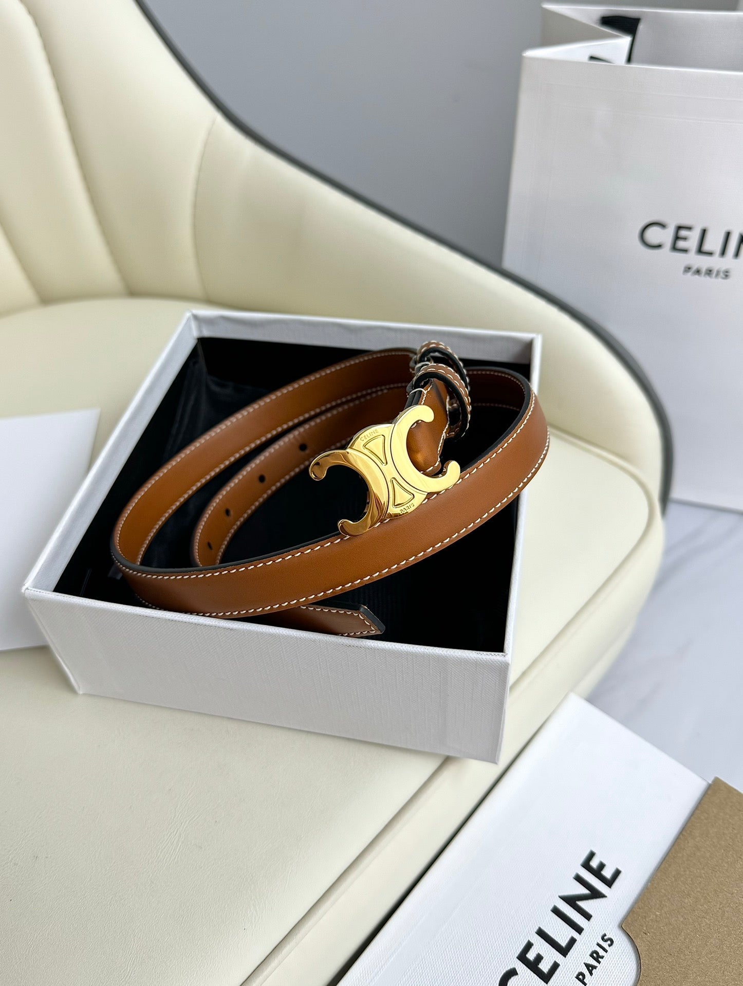 CELINE SMALL TRIOMPHE BELT 18 MM BRONZE BROWN LEATHER GOLD HARDWARE