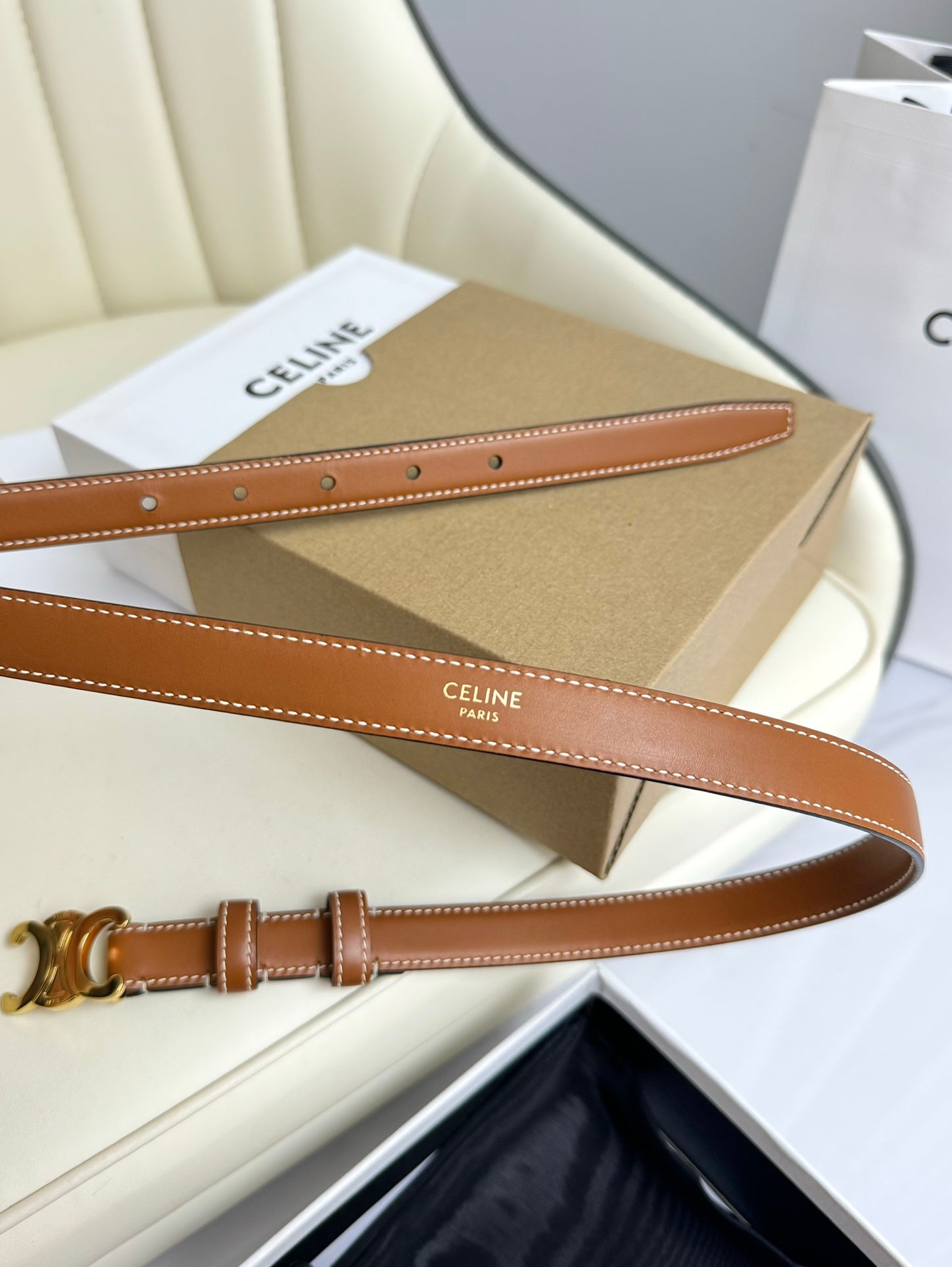 CELINE SMALL TRIOMPHE BELT 18 MM BRONZE BROWN LEATHER GOLD HARDWARE