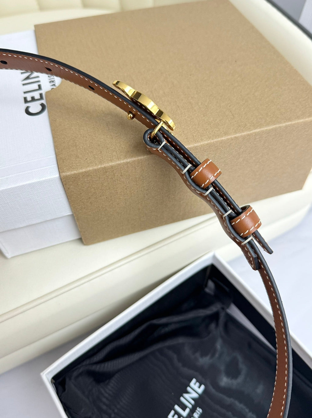 CELINE SMALL TRIOMPHE BELT 18 MM BRONZE BROWN LEATHER GOLD HARDWARE