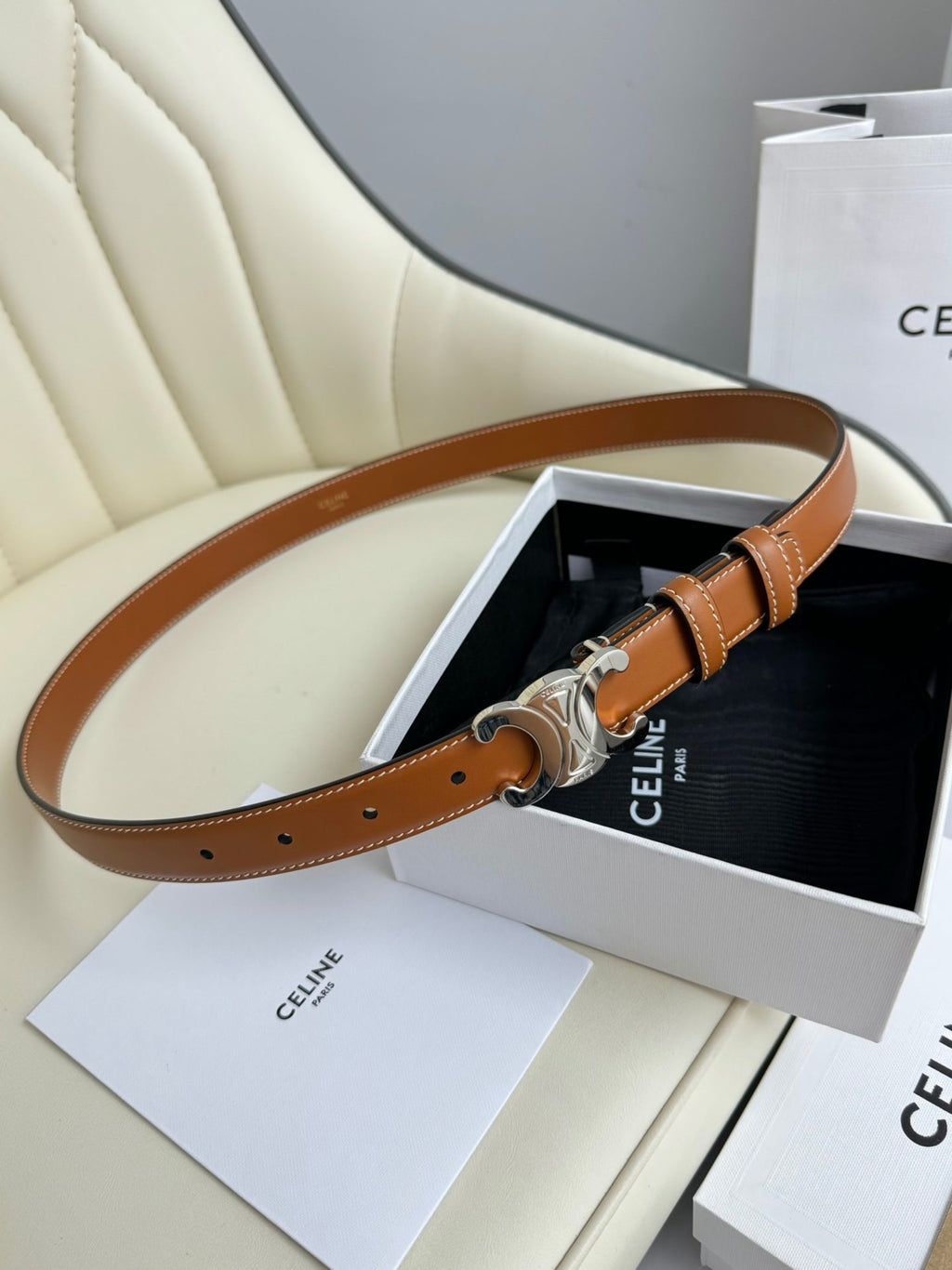 CELINE SMALL TRIOMPHE BELT 18 MM BRONZE BROWN LEATHER SILVER HARDWARE