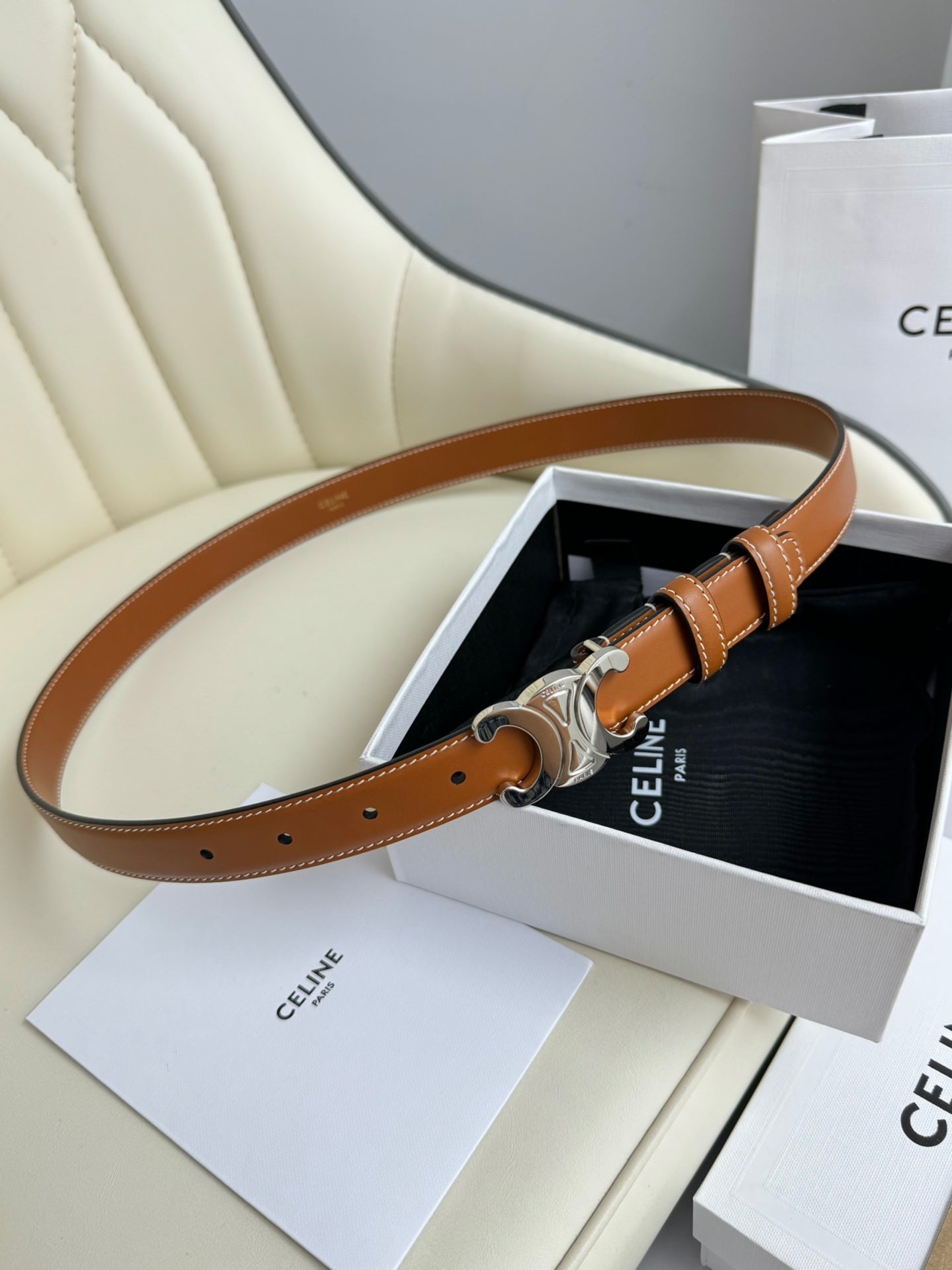 CELINE SMALL TRIOMPHE BELT 18 MM BRONZE BROWN LEATHER SILVER HARDWARE