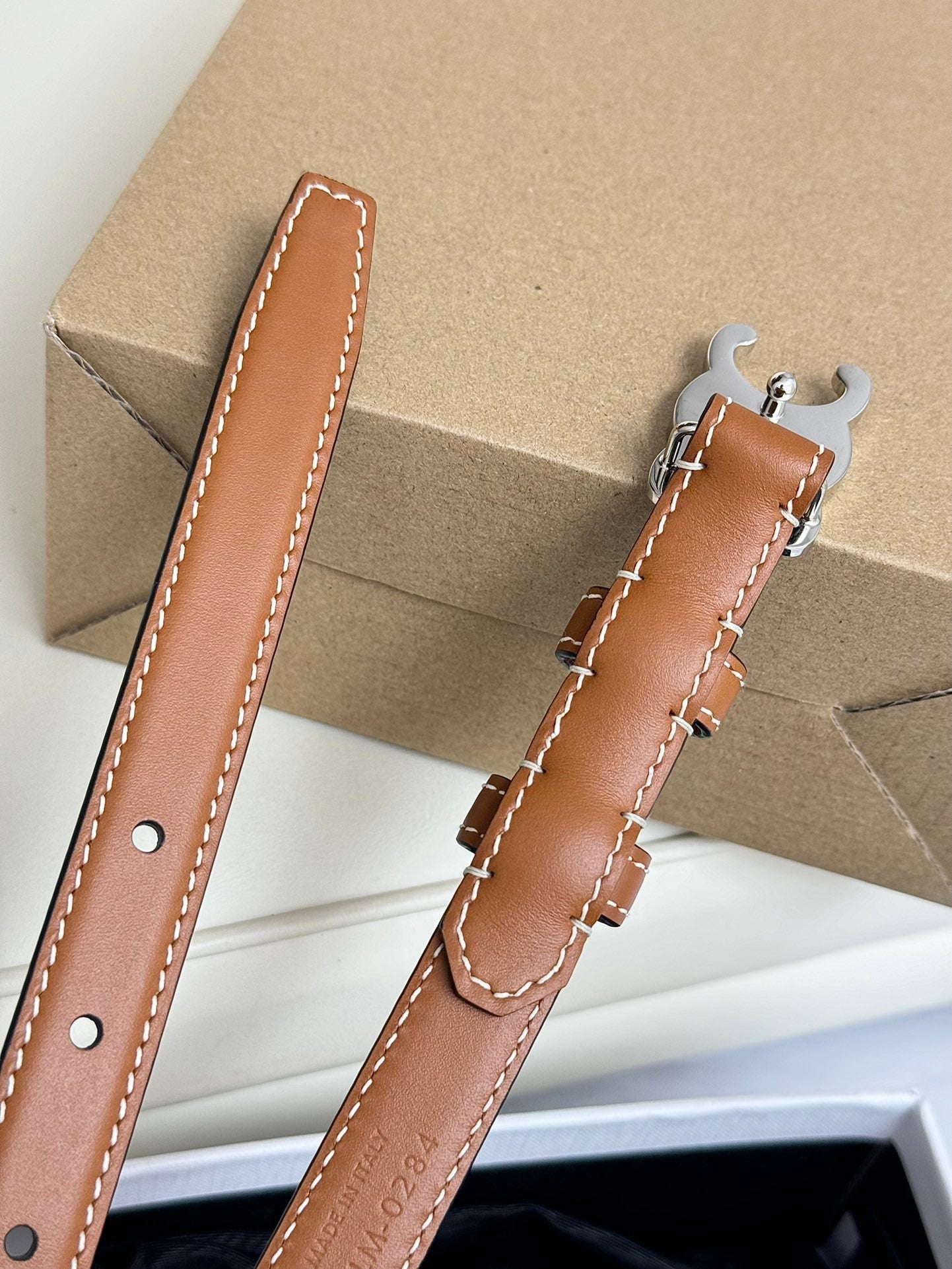 CELINE SMALL TRIOMPHE BELT 18 MM BRONZE BROWN LEATHER SILVER HARDWARE
