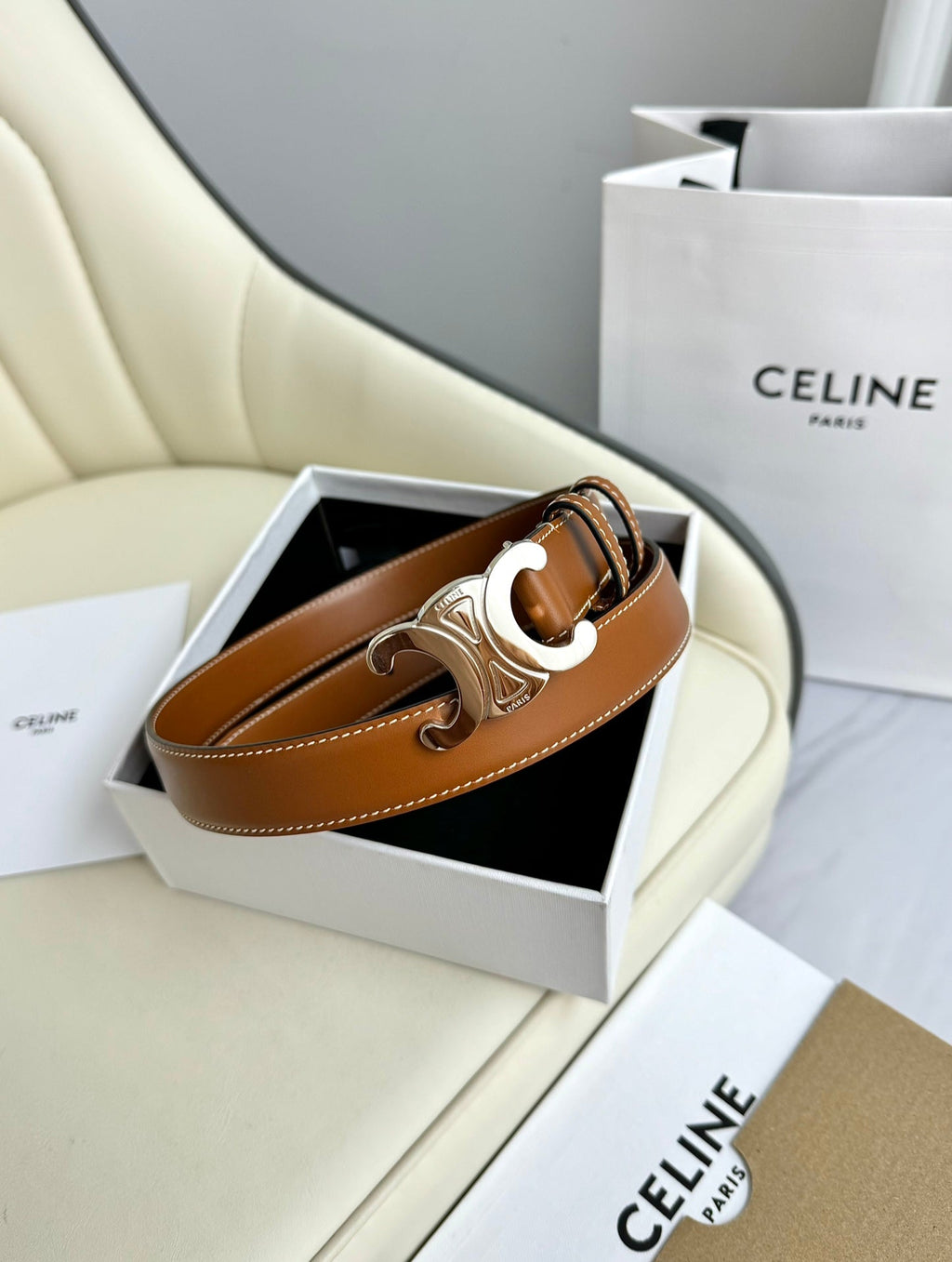 CELINE SMALL TRIOMPHE BELT 18 MM BRONZE BROWN LEATHER SILVER HARDWARE
