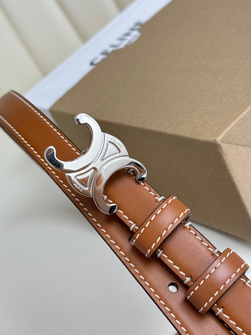 CELINE SMALL TRIOMPHE BELT 18 MM BRONZE BROWN LEATHER SILVER HARDWARE