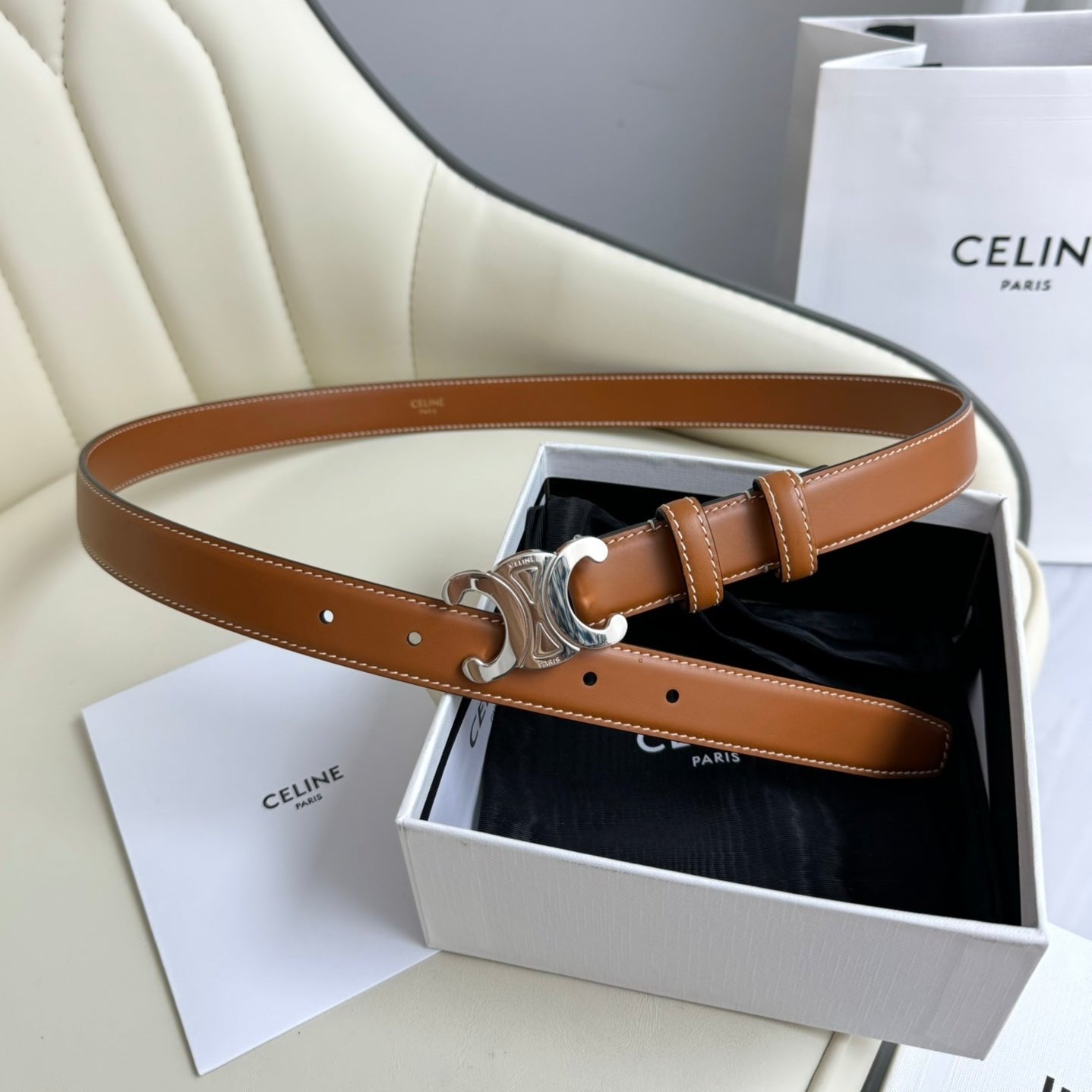 CELINE SMALL TRIOMPHE BELT 18 MM BRONZE BROWN LEATHER SILVER HARDWARE