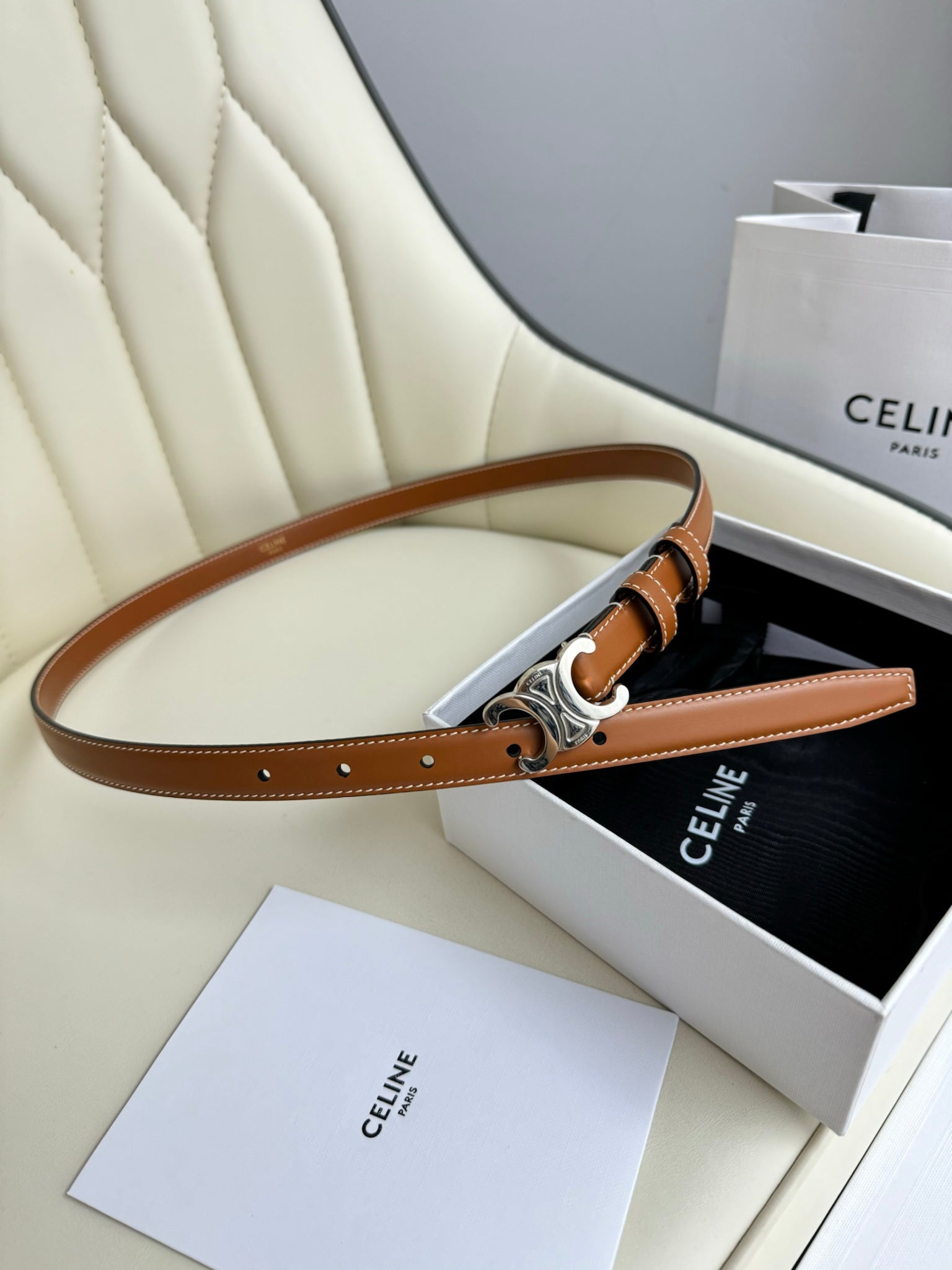 CELINE SMALL TRIOMPHE BELT 18 MM BRONZE BROWN LEATHER SILVER HARDWARE