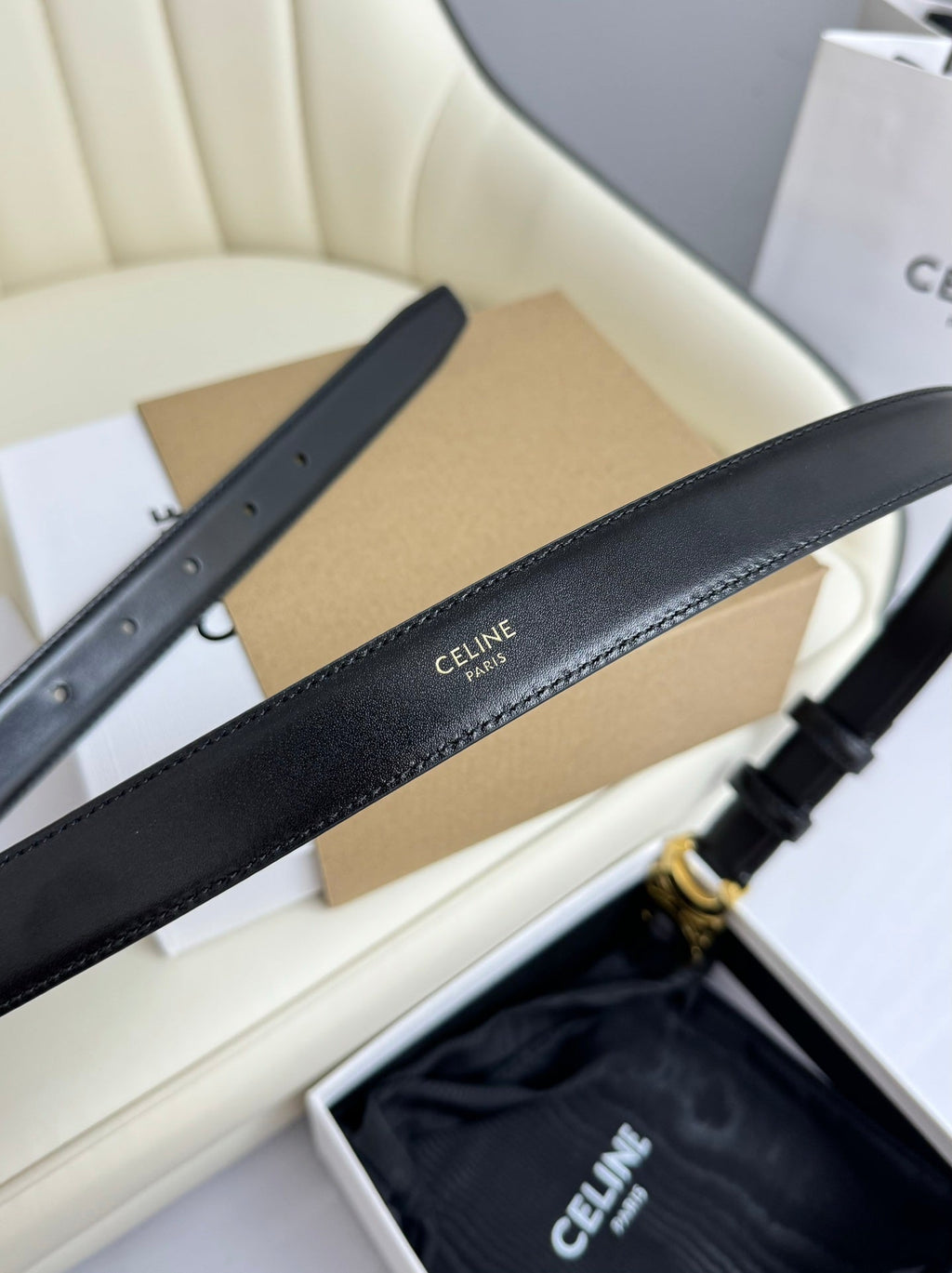 CELINE SMALL TRIOMPHE BELT 18 MM BLACK LEATHER GOLD HARDWARE