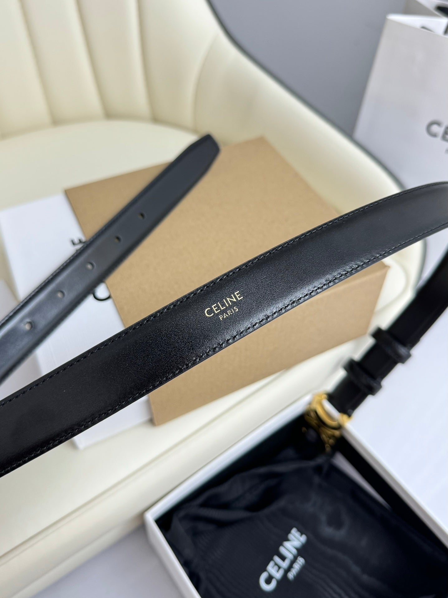 CELINE SMALL TRIOMPHE BELT 18 MM BLACK LEATHER GOLD HARDWARE