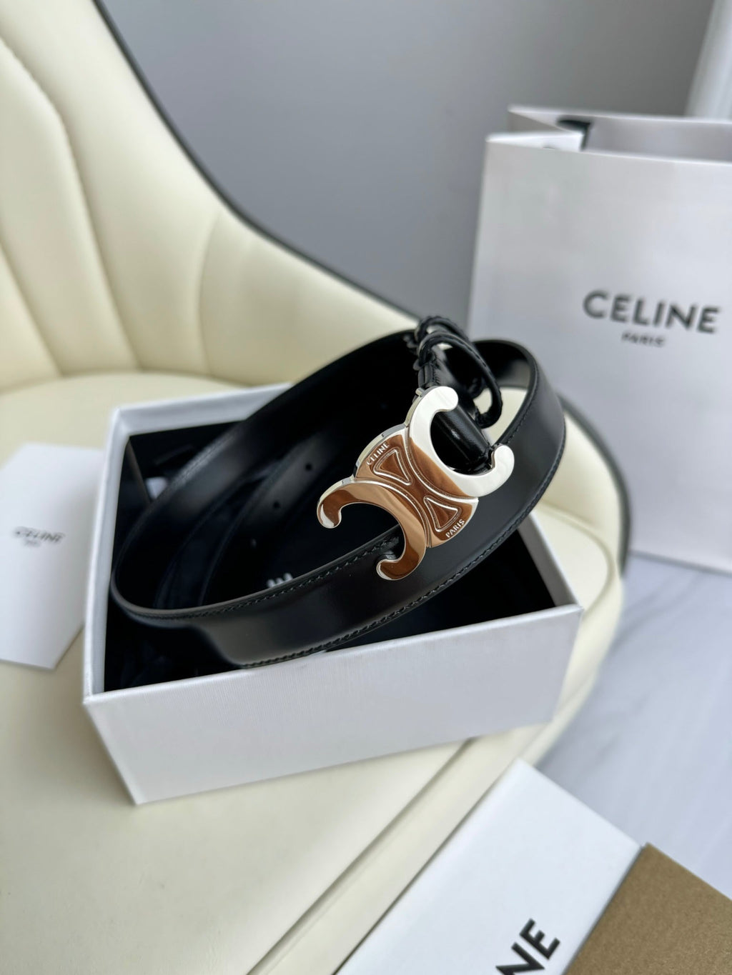 CELINE SMALL TRIOMPHE BELT 18 MM BLACK LEATHER SILVER HARDWARE