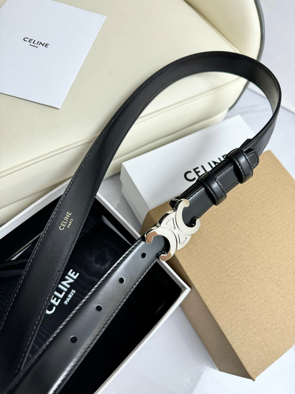 CELINE SMALL TRIOMPHE BELT 18 MM BLACK LEATHER SILVER HARDWARE