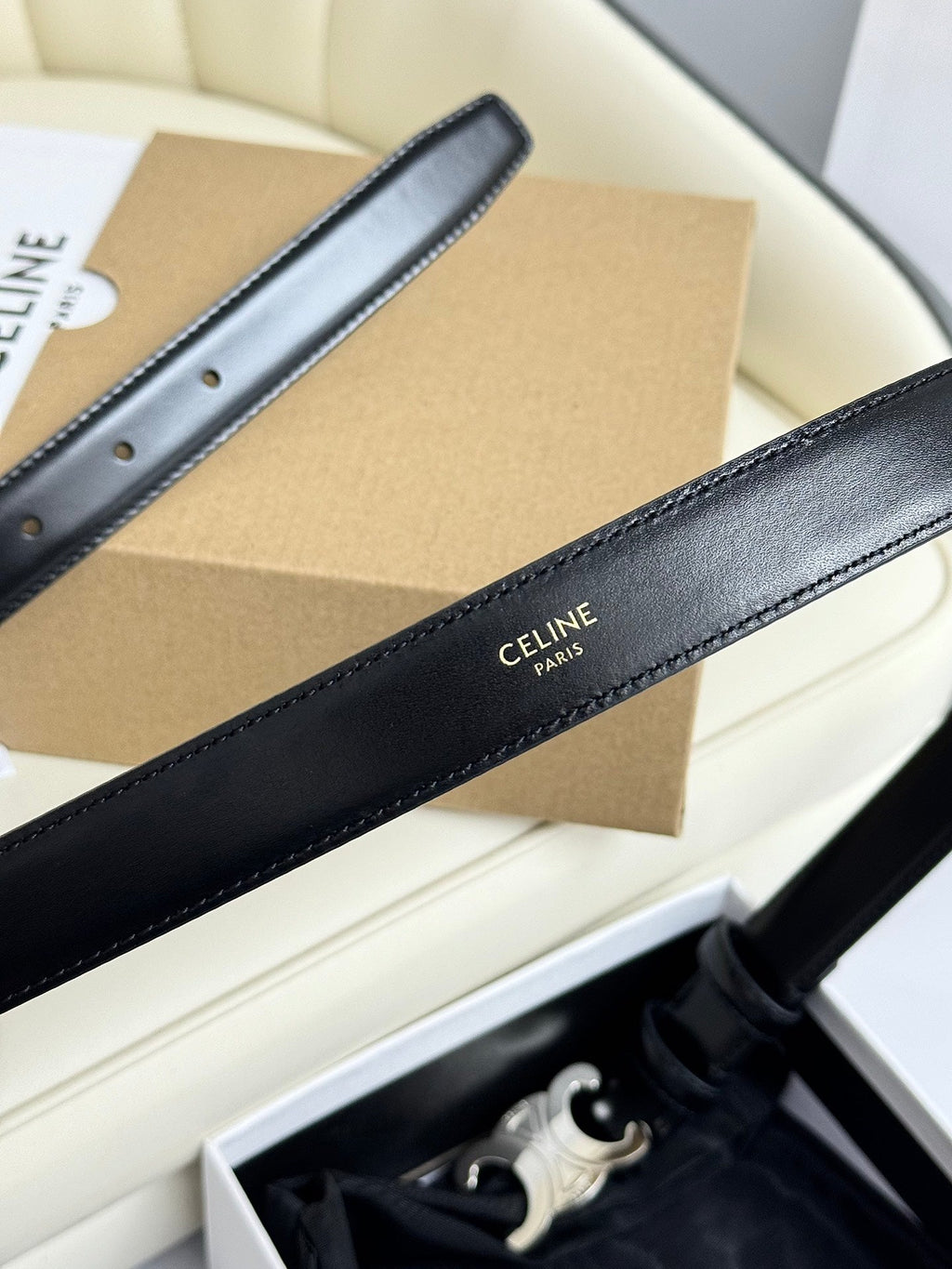 CELINE SMALL TRIOMPHE BELT 18 MM BLACK LEATHER SILVER HARDWARE