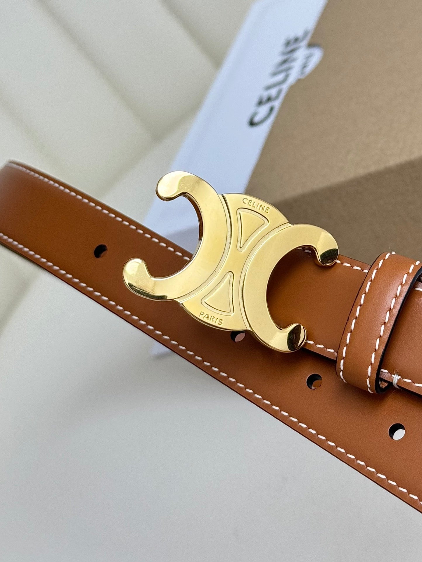 CELINE MEDIUM TRIOMPHE BELT 25MM BRONZE BROWN LEATHER GOLD HARDWARE