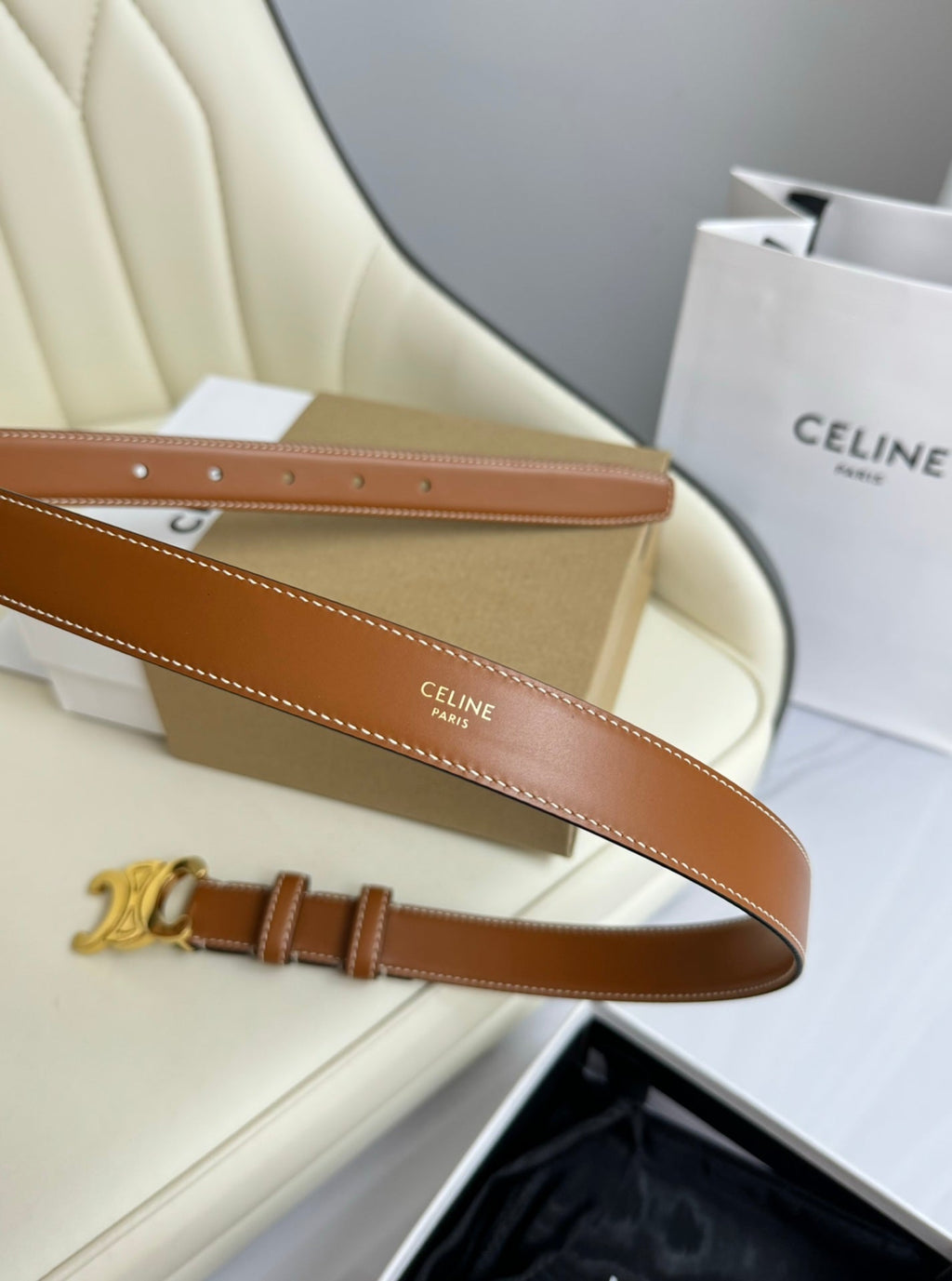 CELINE MEDIUM TRIOMPHE BELT 25MM BRONZE BROWN LEATHER GOLD HARDWARE
