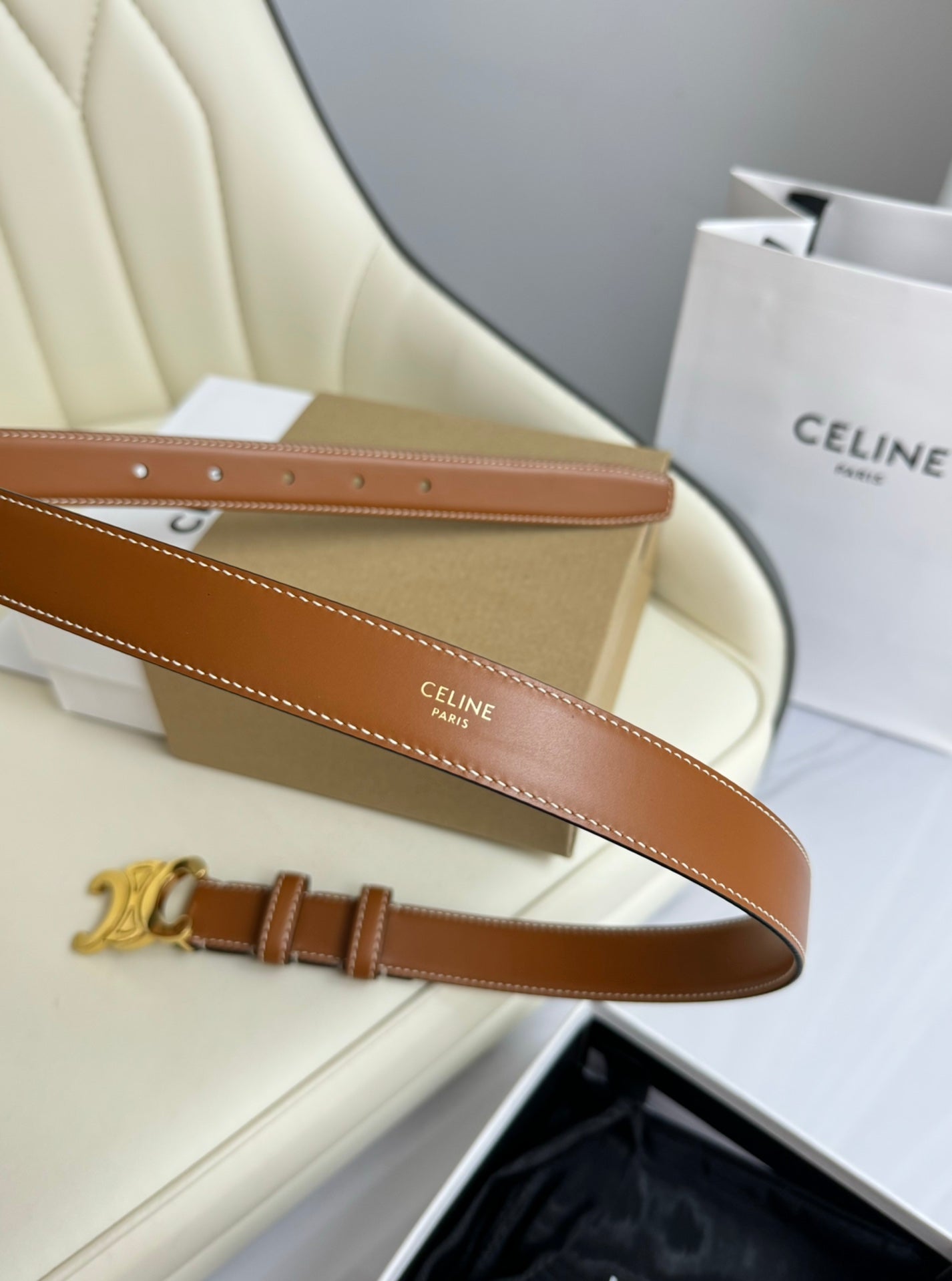 CELINE MEDIUM TRIOMPHE BELT 25MM BRONZE BROWN LEATHER GOLD HARDWARE