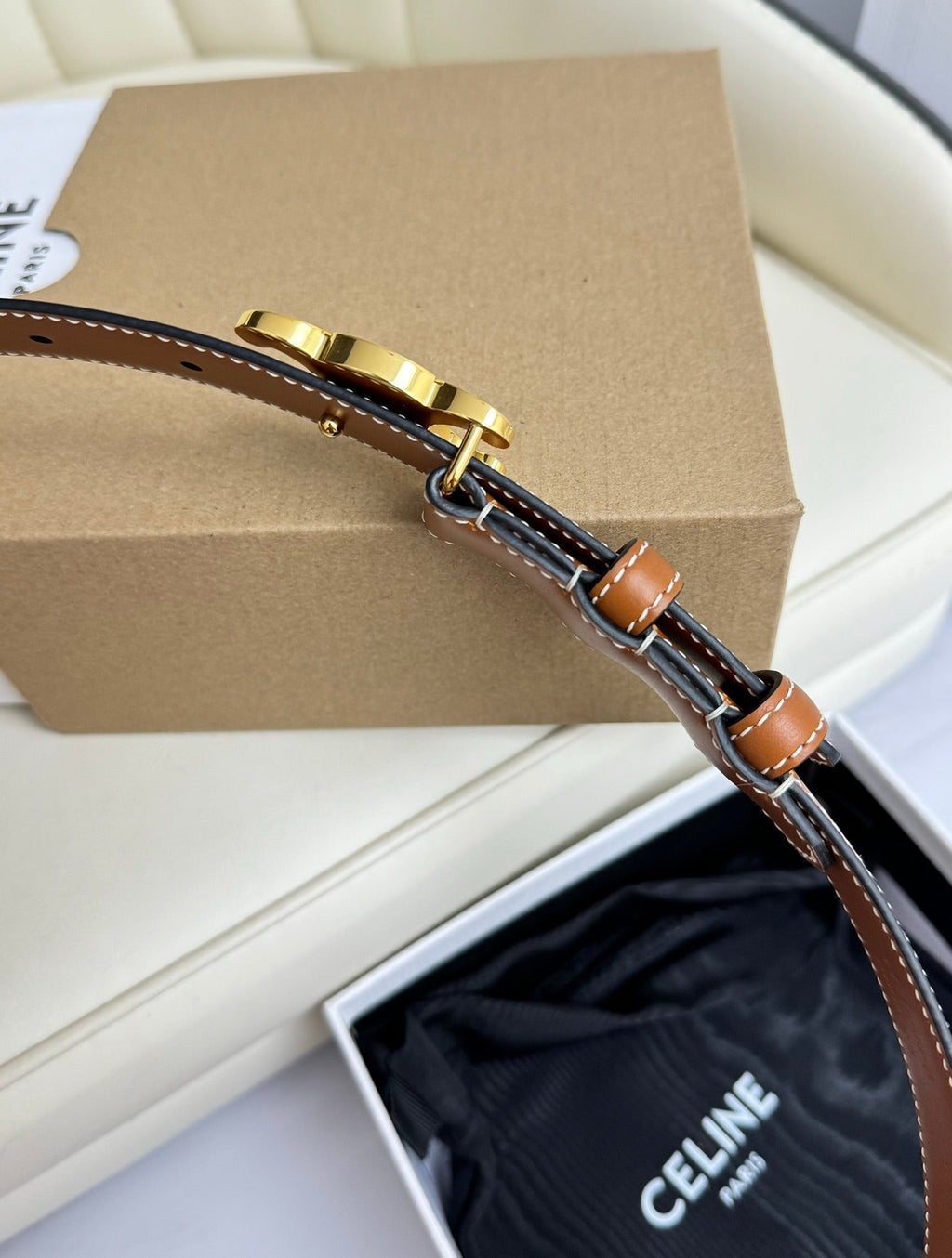 CELINE MEDIUM TRIOMPHE BELT 25MM BRONZE BROWN LEATHER GOLD HARDWARE