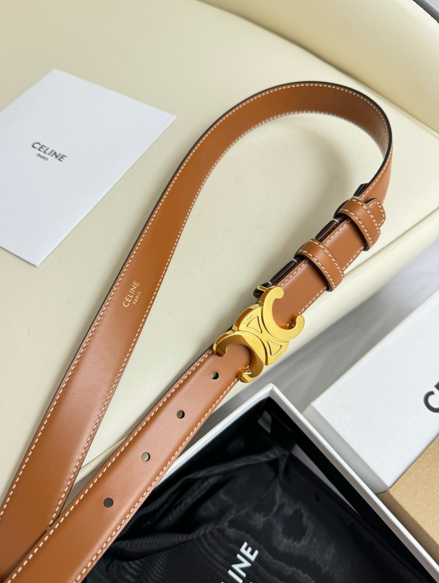 CELINE MEDIUM TRIOMPHE BELT 25MM BRONZE BROWN LEATHER GOLD HARDWARE