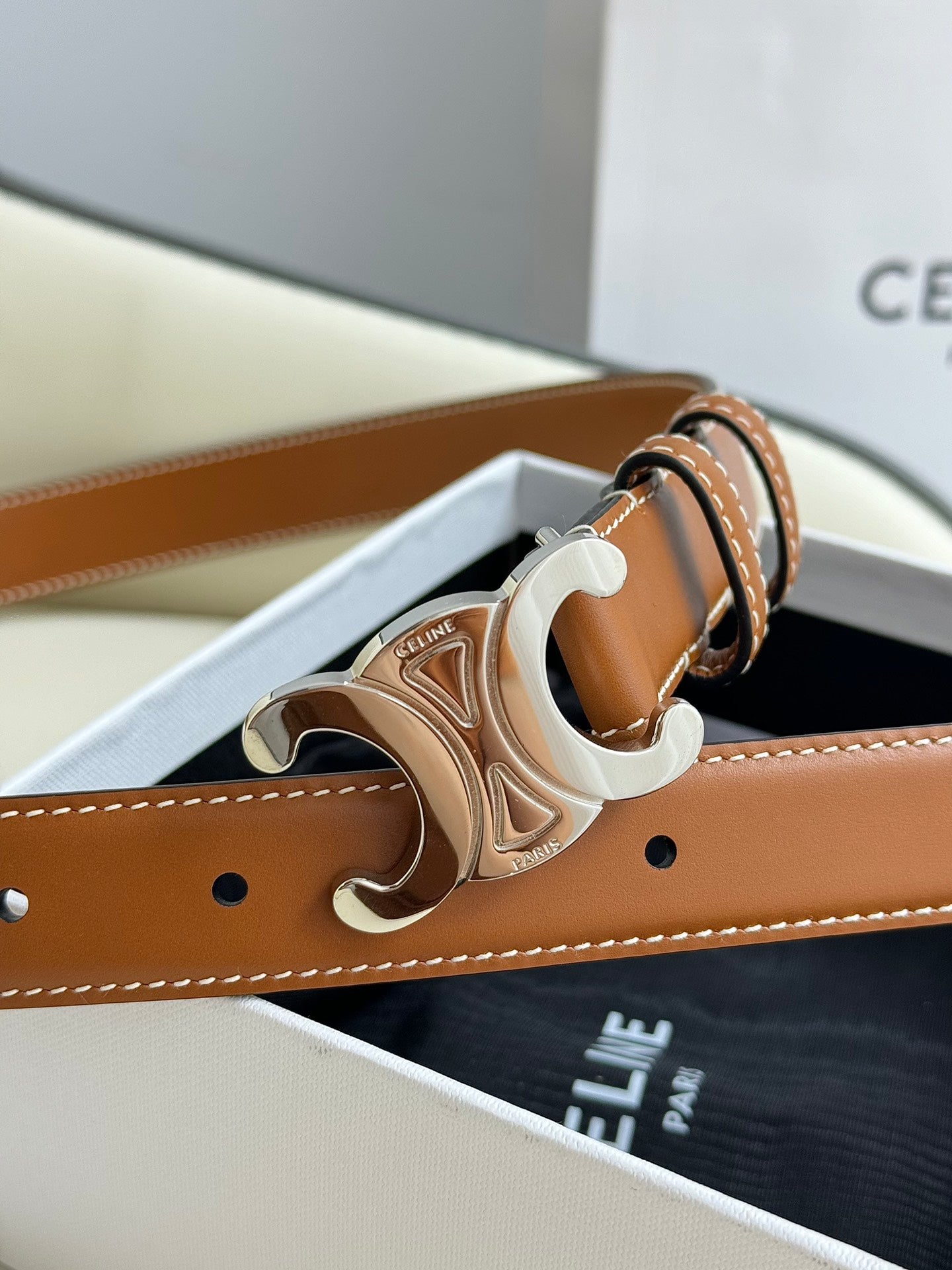 CELINE MEDIUM TRIOMPHE BELT 25MM BRONZE BROWN LEATHER SILVER HARDWARE