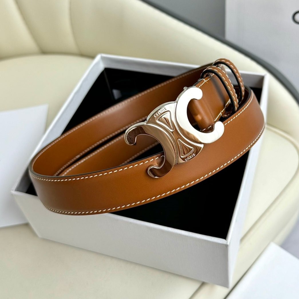 CELINE MEDIUM TRIOMPHE BELT 25MM BRONZE BROWN LEATHER SILVER HARDWARE