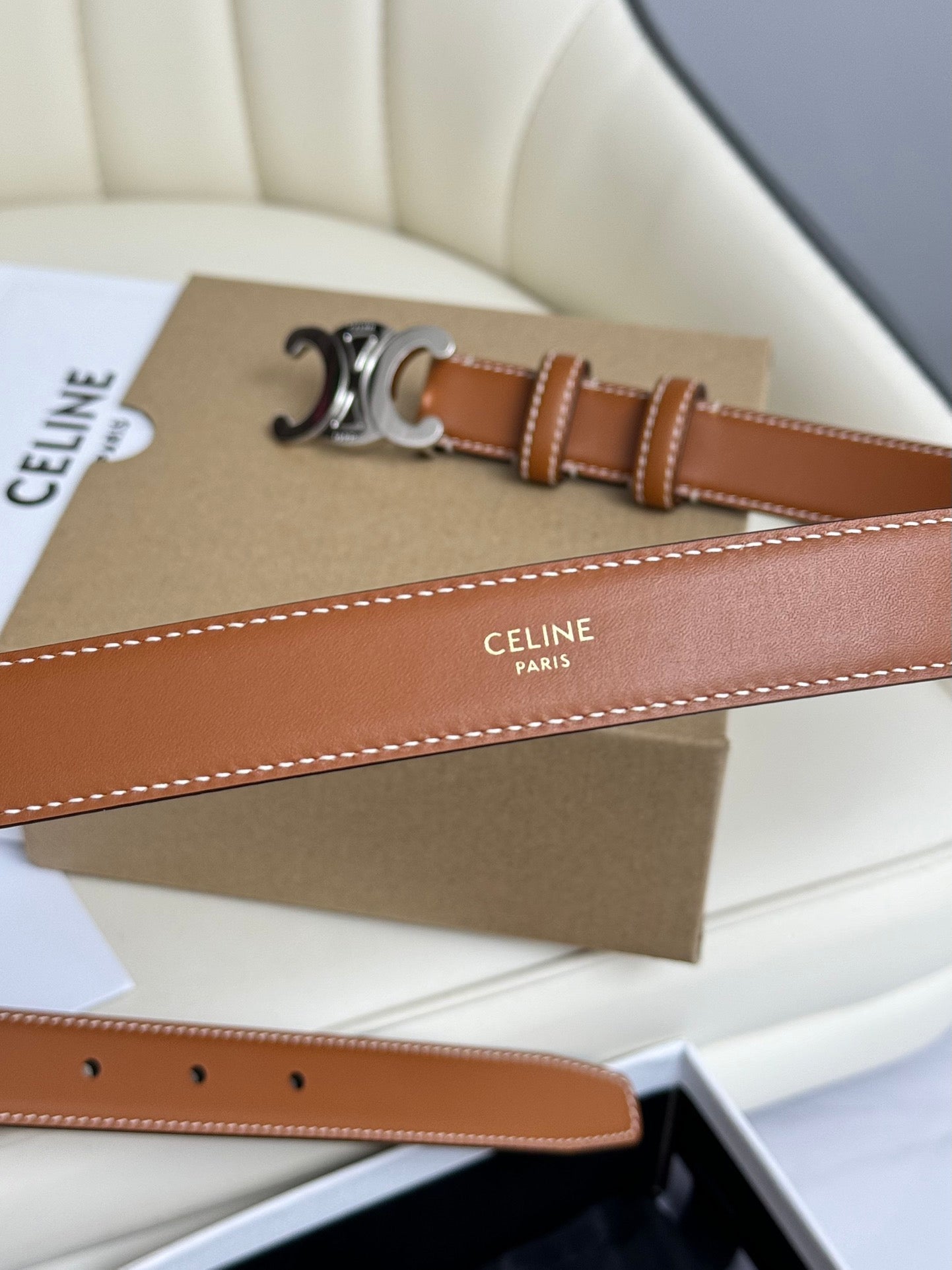 CELINE MEDIUM TRIOMPHE BELT 25MM BRONZE BROWN LEATHER SILVER HARDWARE