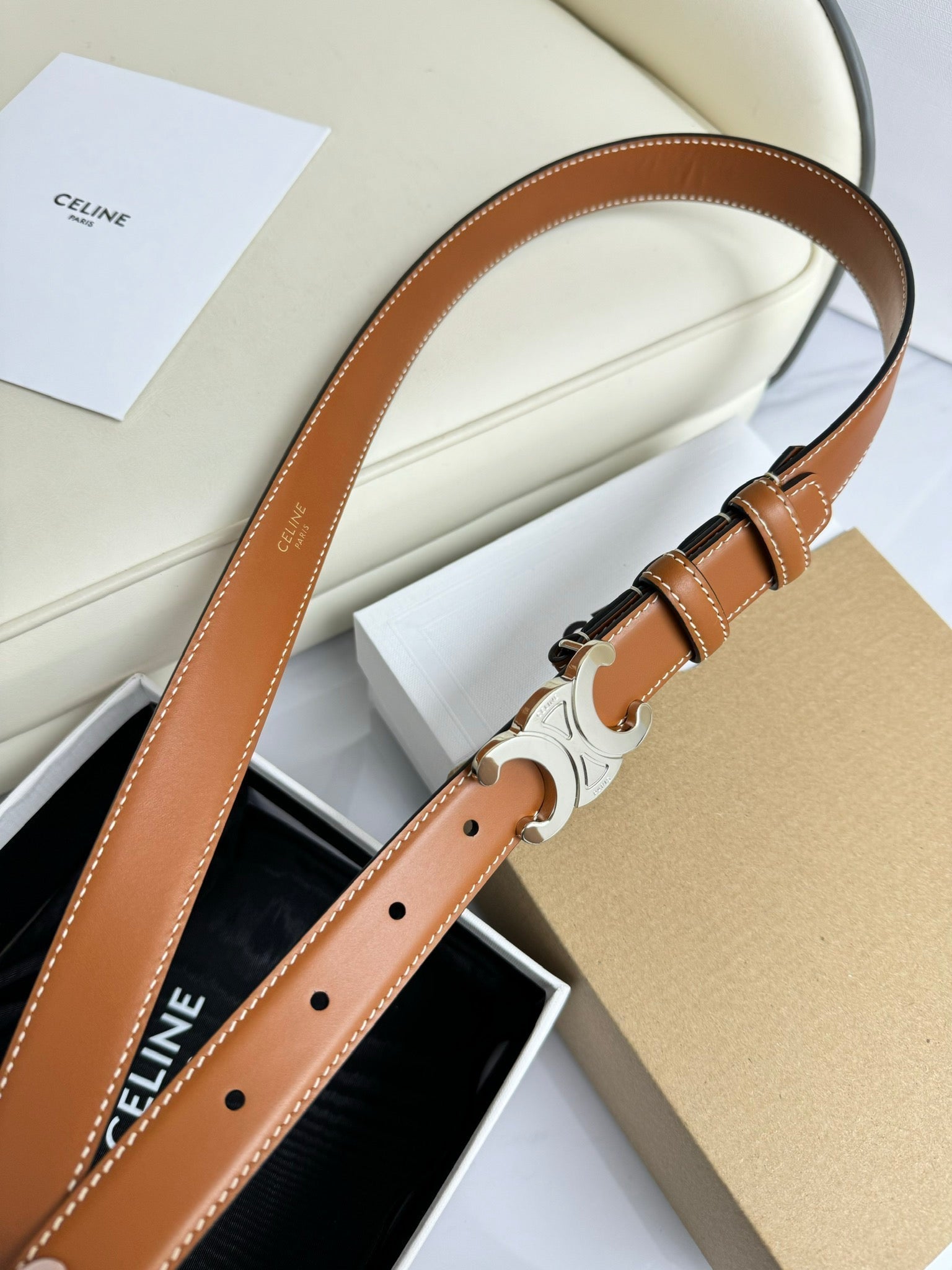CELINE MEDIUM TRIOMPHE BELT 25MM BRONZE BROWN LEATHER SILVER HARDWARE