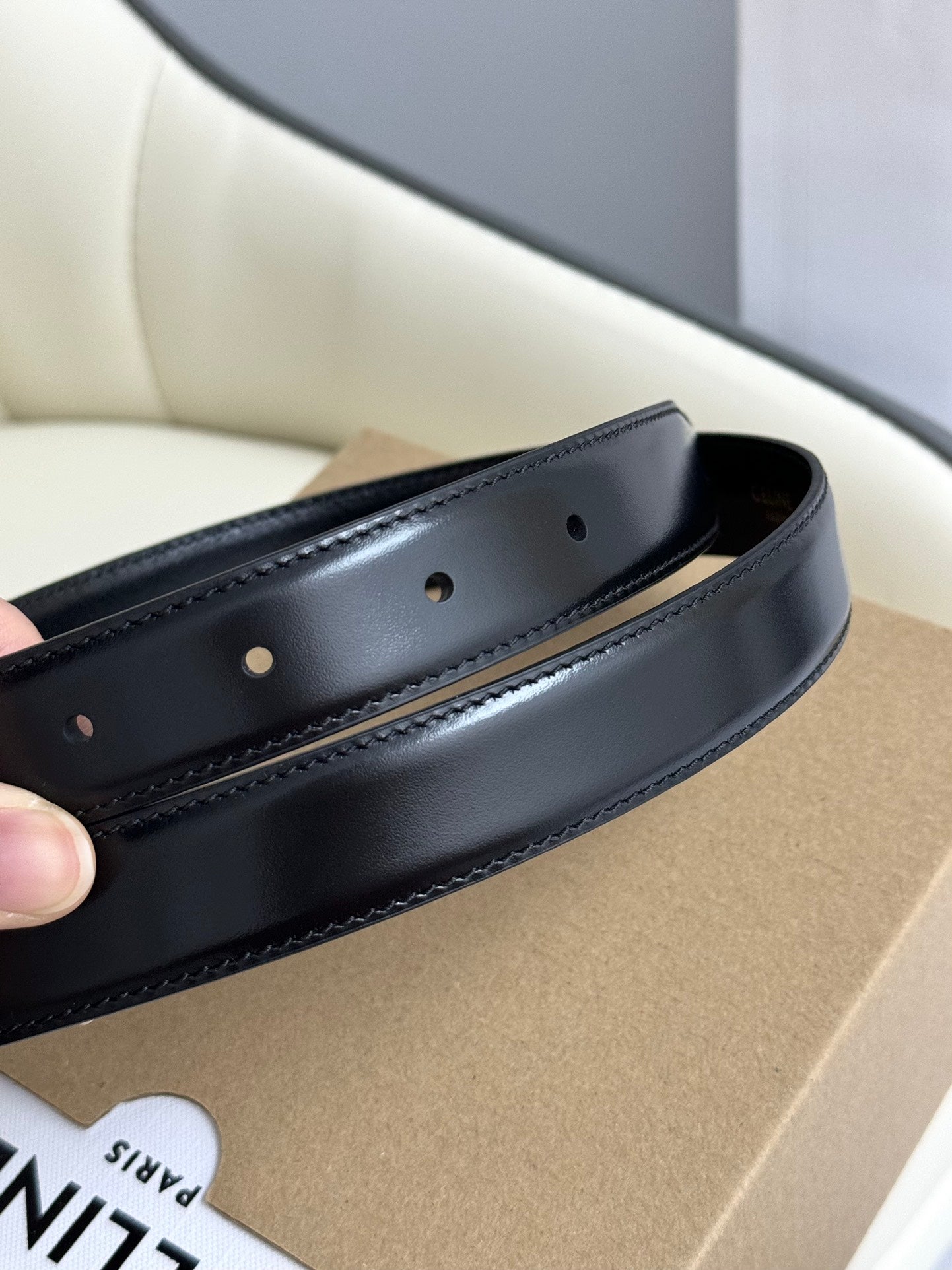 CELINE MEDIUM TRIOMPHE BELT 25MM BLACK LEATHER SILVER HARDWARE