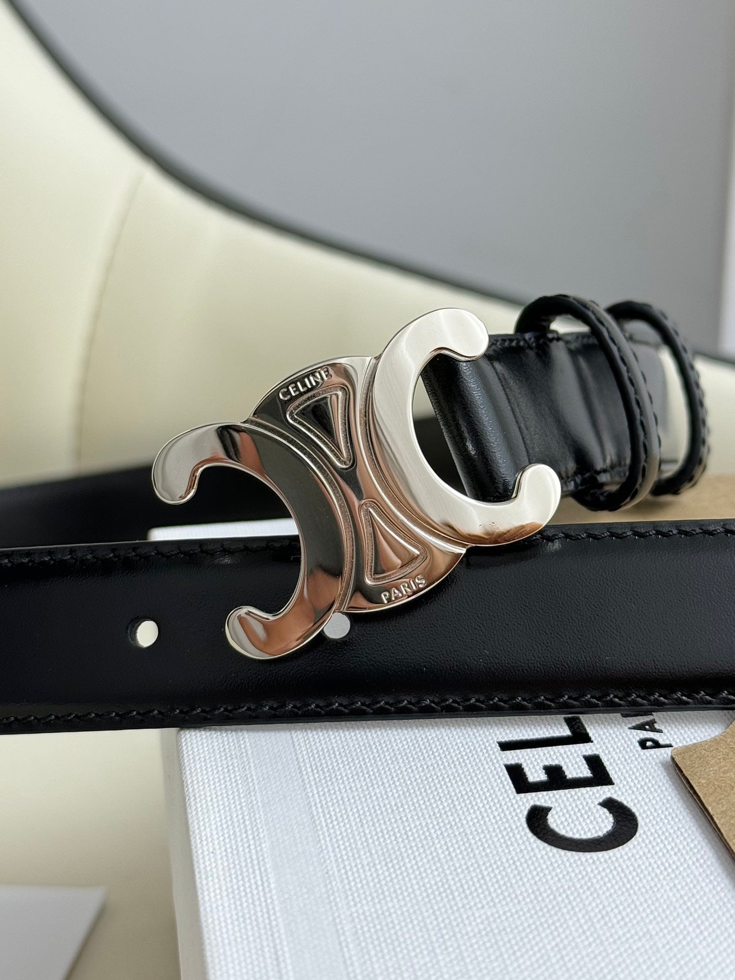 CELINE MEDIUM TRIOMPHE BELT 25MM BLACK LEATHER SILVER HARDWARE